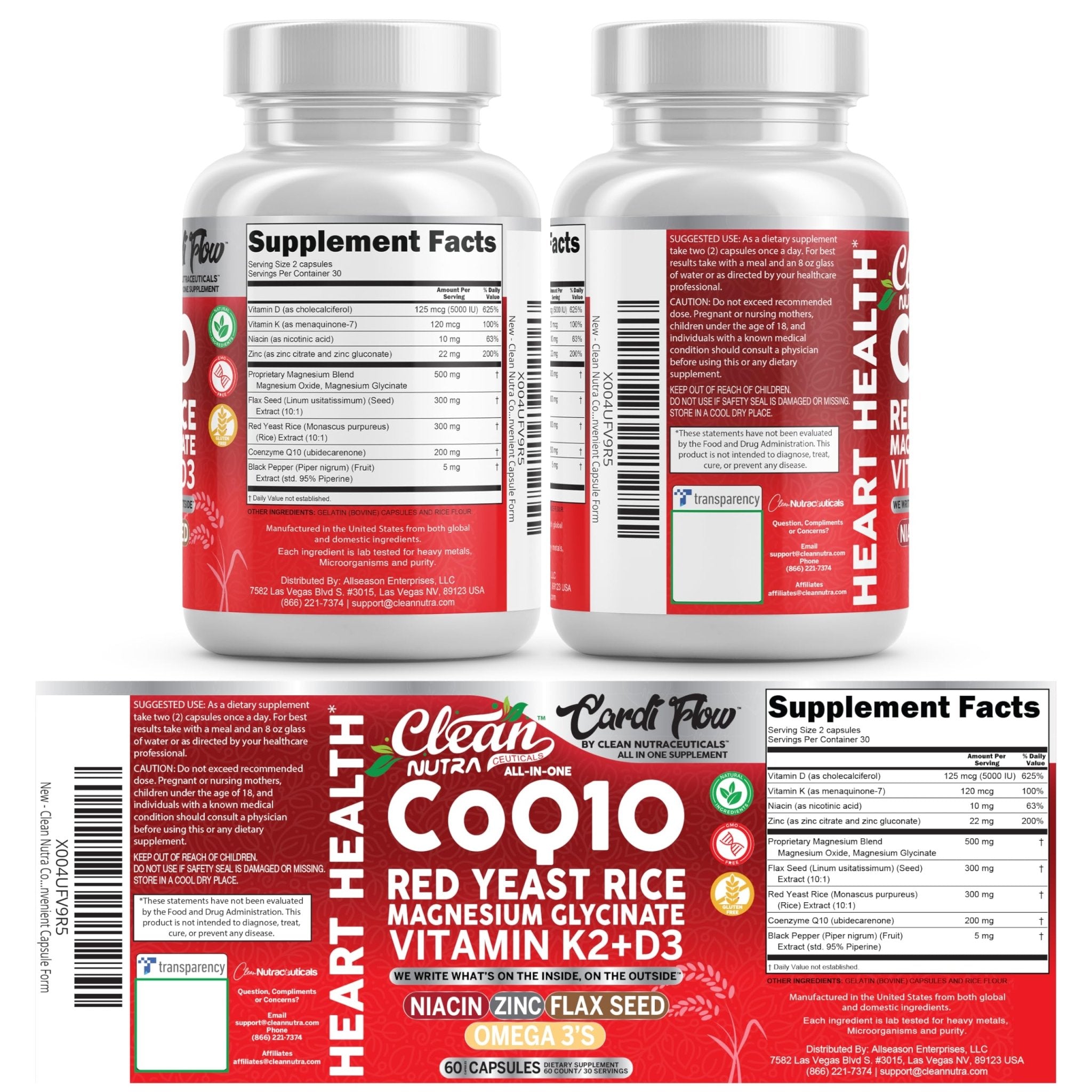 Clean Nutra CoQ10 Red Yeast Rice Magnesium Glycinate Vitamin K2 D3 Niacin Zinc Flax Seed Omega 3 Capsules 60 Count All in One Formula Premium Ingredients Dietary Supplement - TrustMedUSA
