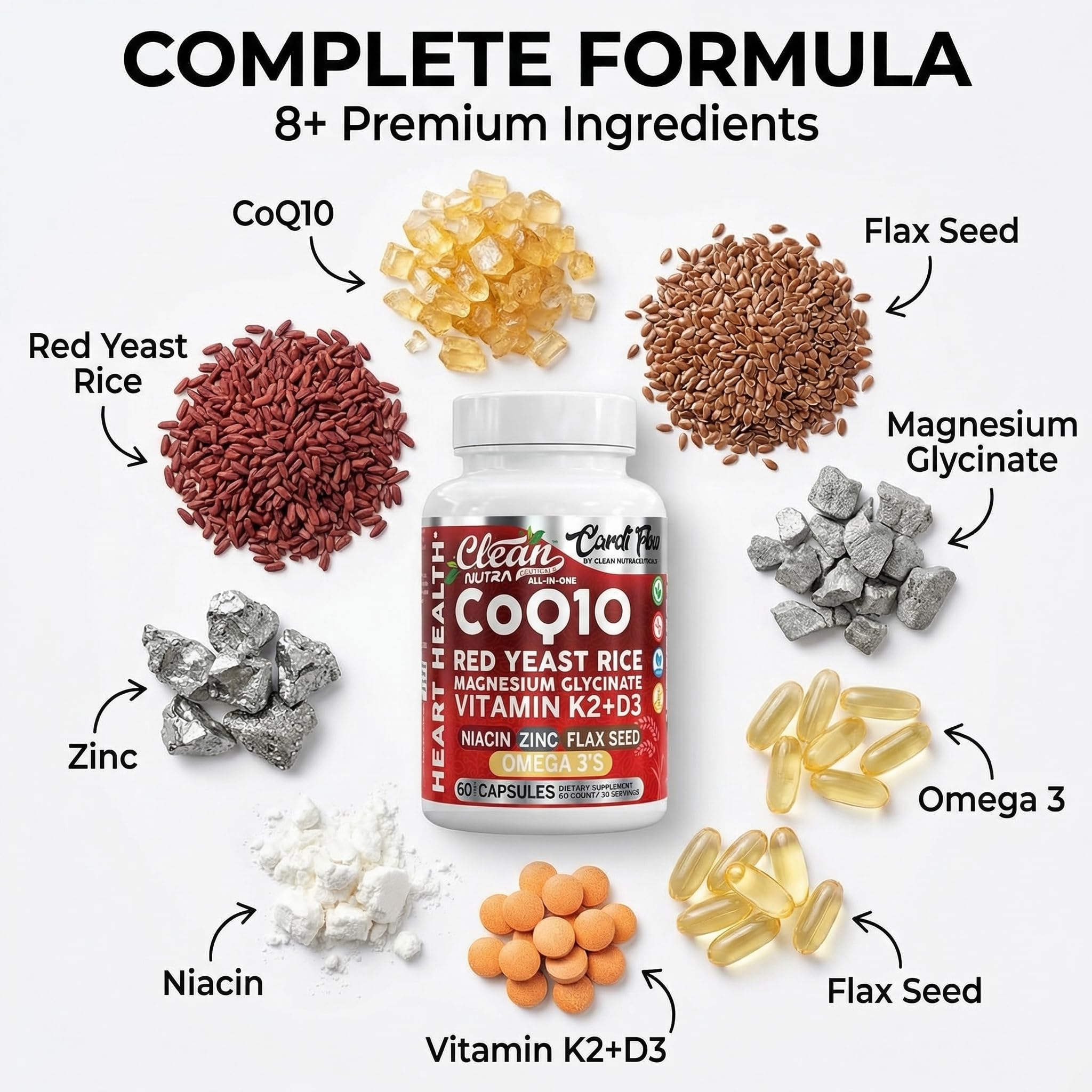 Clean Nutra CoQ10 Red Yeast Rice Magnesium Glycinate Vitamin K2 D3 Niacin Zinc Flax Seed Omega 3 Capsules 60 Count All in One Formula Premium Ingredients Dietary Supplement - TrustMedUSA
