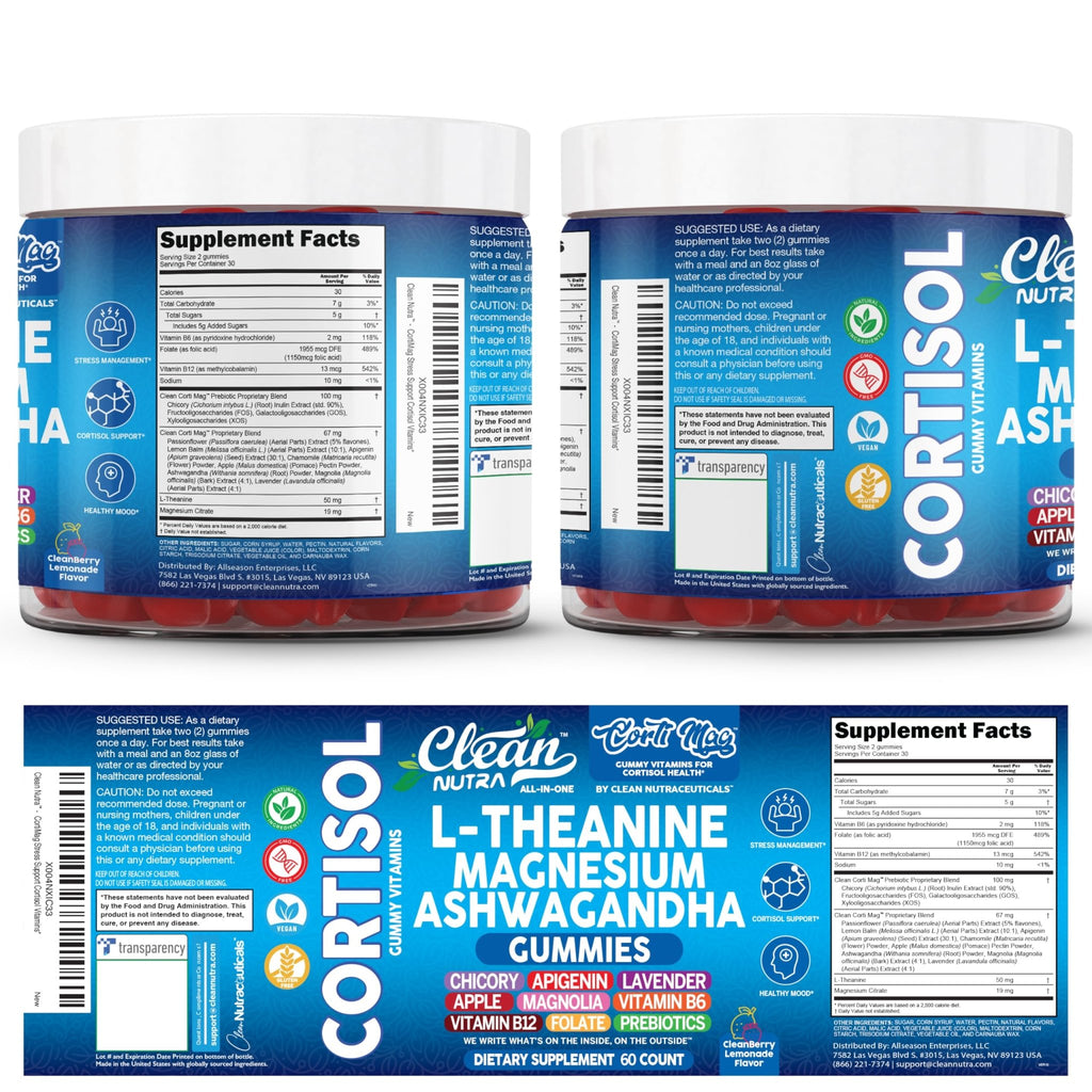 Clean Nutra Cortisol Supplement Gummies L-Theanine Magnesium Ashwagandha Apigenin Vitamin B6 Sleep and Calm Support Lavender Chicory Prebiotic Advanced Gummy Formula - TrustMedUSA