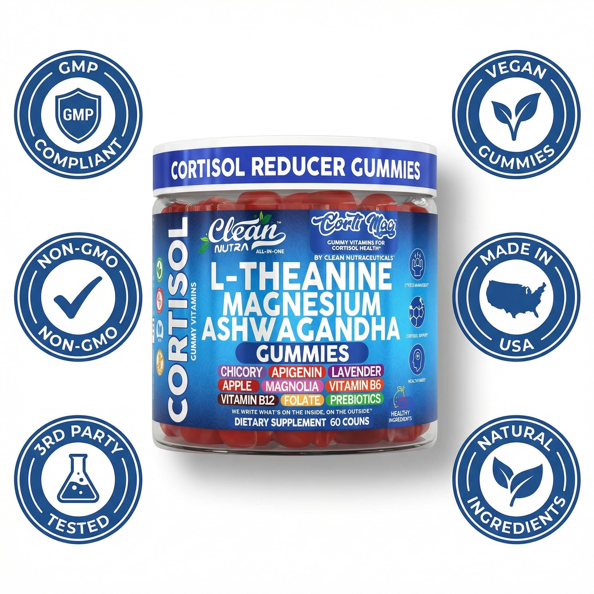 Clean Nutra Cortisol Supplement Gummies L-Theanine Magnesium Ashwagandha Apigenin Vitamin B6 Sleep and Calm Support Lavender Chicory Prebiotic Advanced Gummy Formula - TrustMedUSA