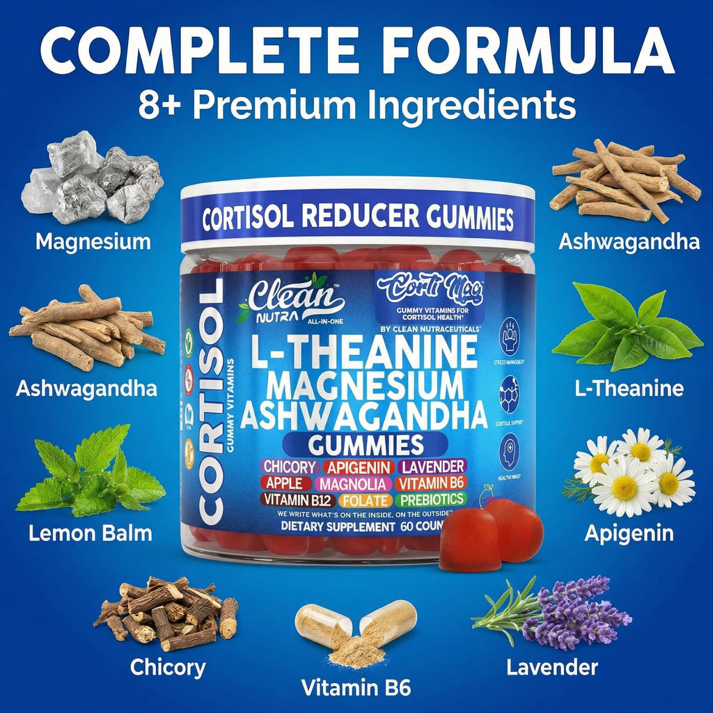 Clean Nutra Cortisol Supplement Gummies L-Theanine Magnesium Ashwagandha Apigenin Vitamin B6 Sleep and Calm Support Lavender Chicory Prebiotic Advanced Gummy Formula - TrustMedUSA