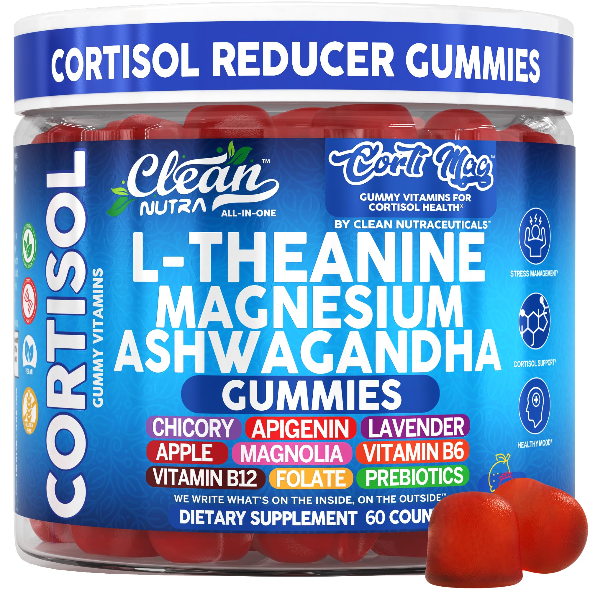 Clean Nutra Cortisol Supplement Gummies L-Theanine Magnesium Ashwagandha Apigenin Vitamin B6 Sleep and Calm Support Lavender Chicory Prebiotic Advanced Gummy Formula - TrustMedUSA