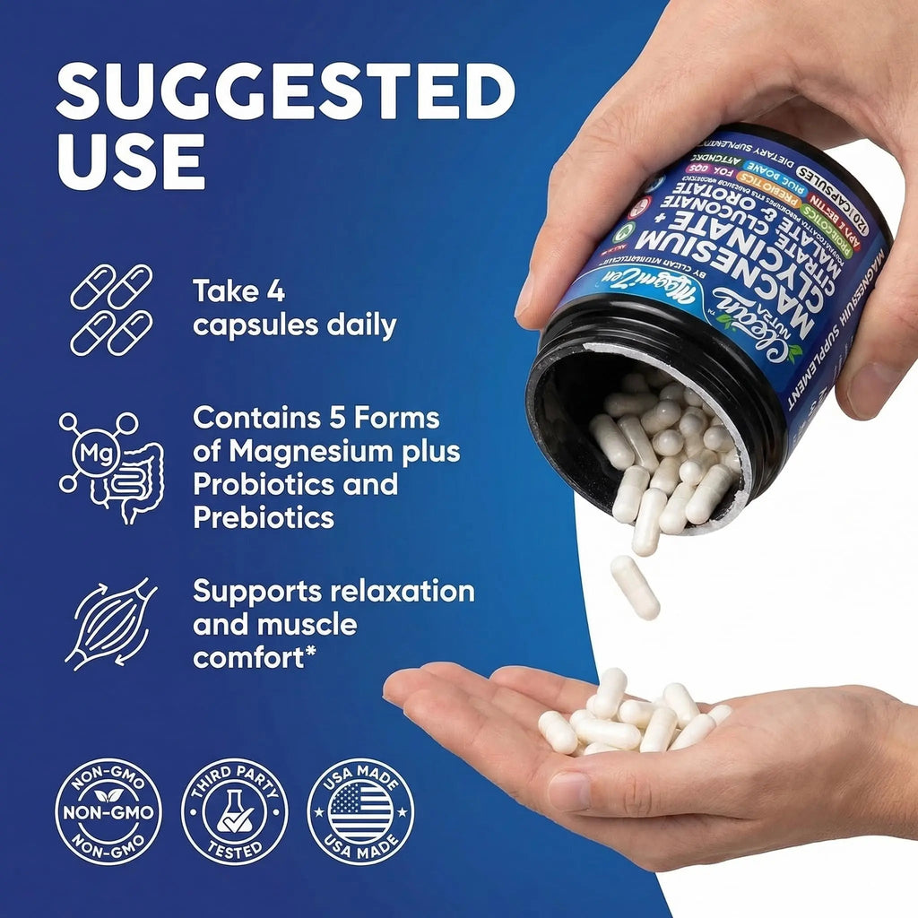 Clean Nutra Magnesium Glycinate Citrate Malate Orotate Taurate Supplement Complex + 10 Strain Probiotic Prebiotics FOS GOS Inulin Sleep Calm Support Apple Pectin – 120 Vegan Capsules - TrustMedUSA