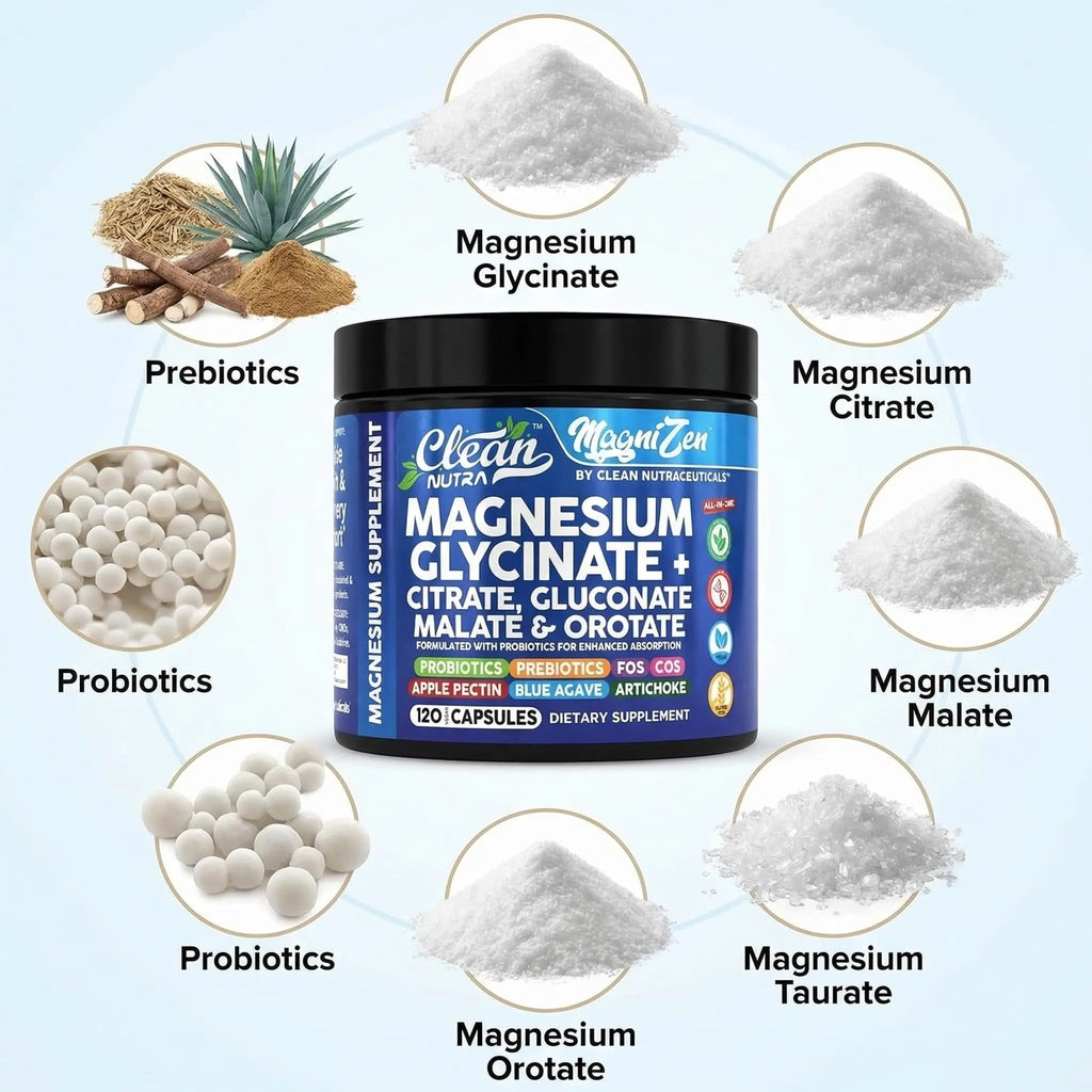 Clean Nutra Magnesium Glycinate Citrate Malate Orotate Taurate Supplement Complex + 10 Strain Probiotic Prebiotics FOS GOS Inulin Sleep Calm Support Apple Pectin – 120 Vegan Capsules - TrustMedUSA