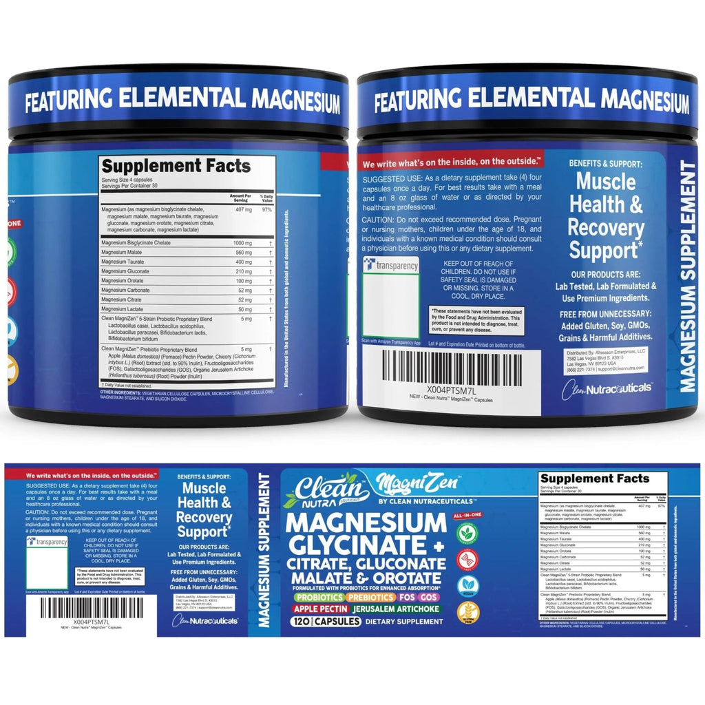 Clean Nutra Magnesium Glycinate Citrate Malate Orotate Taurate Supplement Complex + 10 Strain Probiotic Prebiotics FOS GOS Inulin Sleep Calm Support Apple Pectin – 120 Vegan Capsules - TrustMedUSA