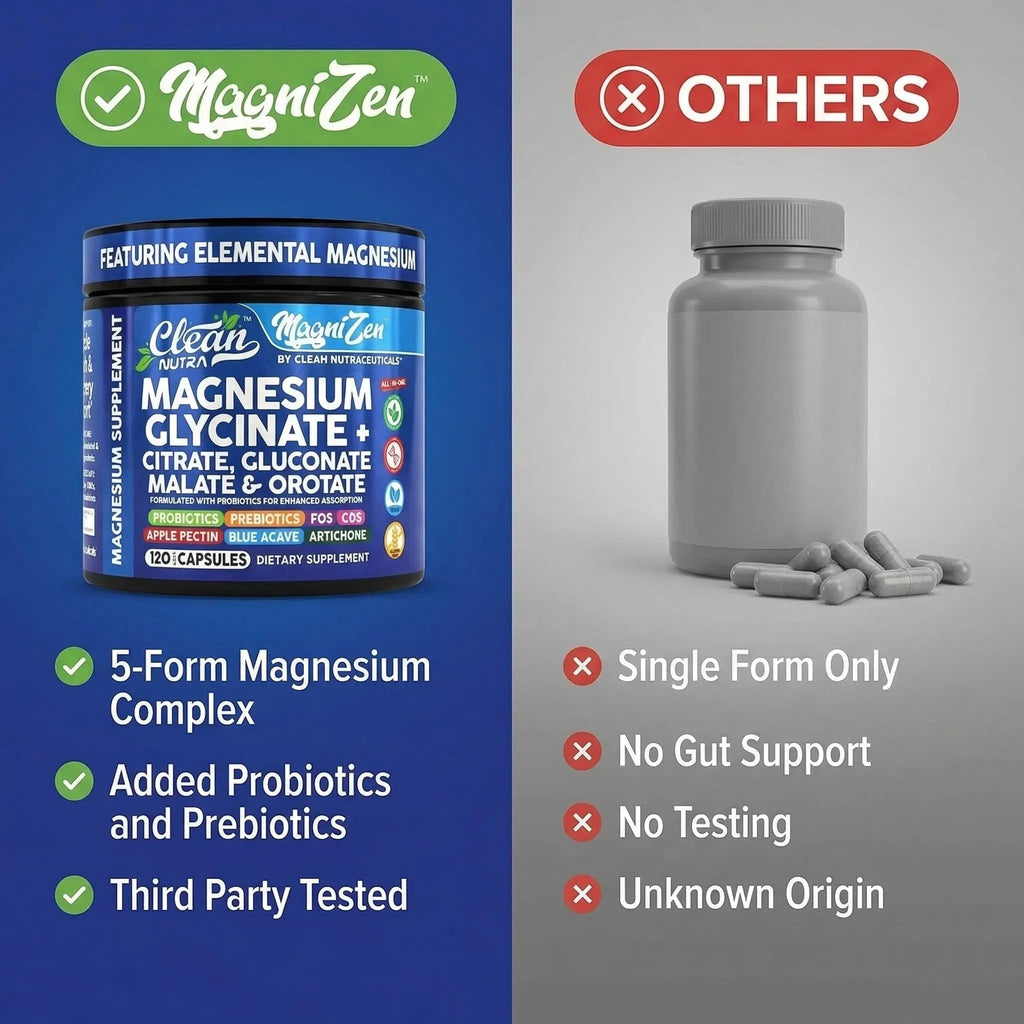 Clean Nutra Magnesium Glycinate Citrate Malate Orotate Taurate Supplement Complex + 10 Strain Probiotic Prebiotics FOS GOS Inulin Sleep Calm Support Apple Pectin – 120 Vegan Capsules - TrustMedUSA