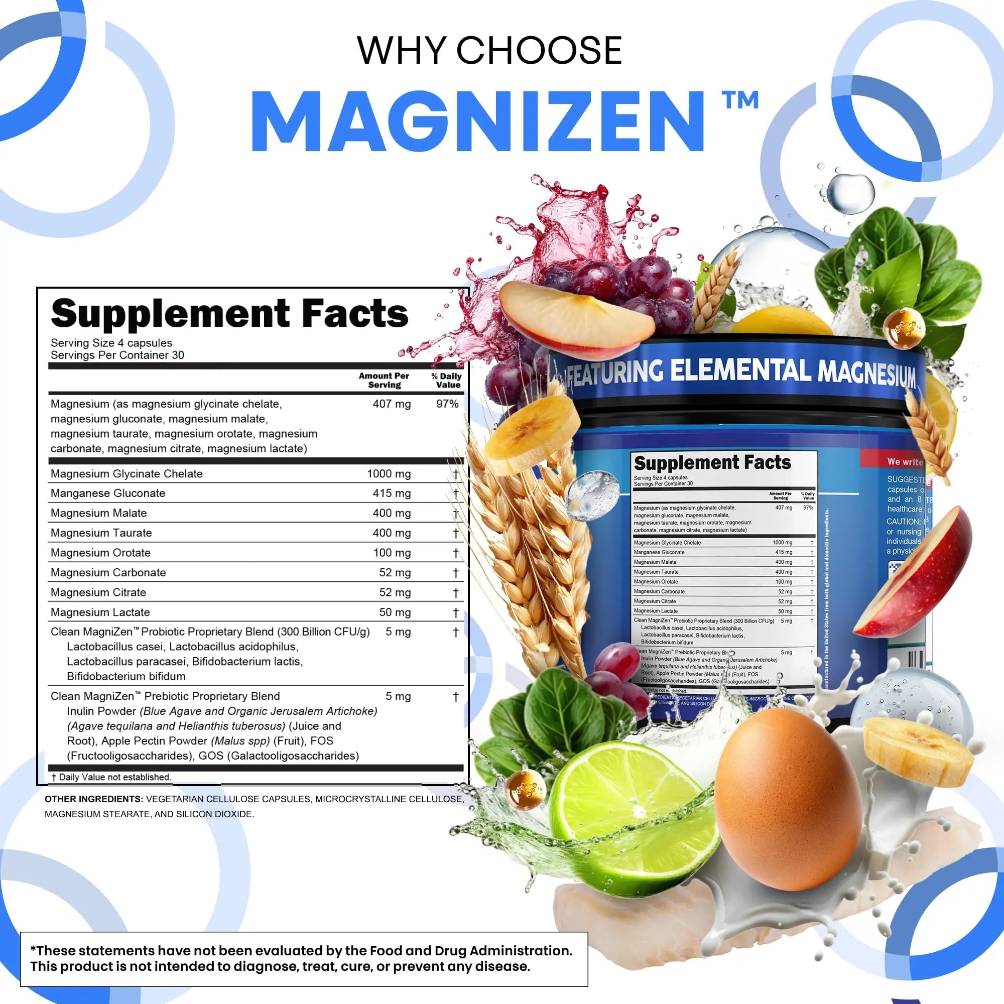 Clean Nutra Magnesium Glycinate Citrate Malate Orotate Taurate Supplement Complex + 10 Strain Probiotic Prebiotics FOS GOS Inulin Sleep Calm Support Apple Pectin – 120 Vegan Capsules - TrustMedUSA