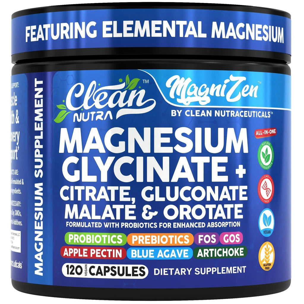 Clean Nutra Magnesium Glycinate Citrate Malate Orotate Taurate Supplement Complex + 10 Strain Probiotic Prebiotics FOS GOS Inulin Sleep Calm Support Apple Pectin – 120 Vegan Capsules - TrustMedUSA