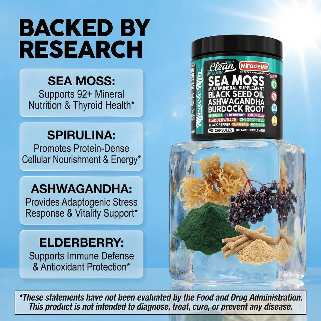 Clean Nutra Organic Sea Moss Capsules with Ashwagandha, Black Seed Oil, Burdock Root, Bladderwrack, Moringa, Chlorella, Spirulina, Turmeric, Elderberry, Amla – 90 Vegan Capsules – MiracleMin - TrustMedUSA