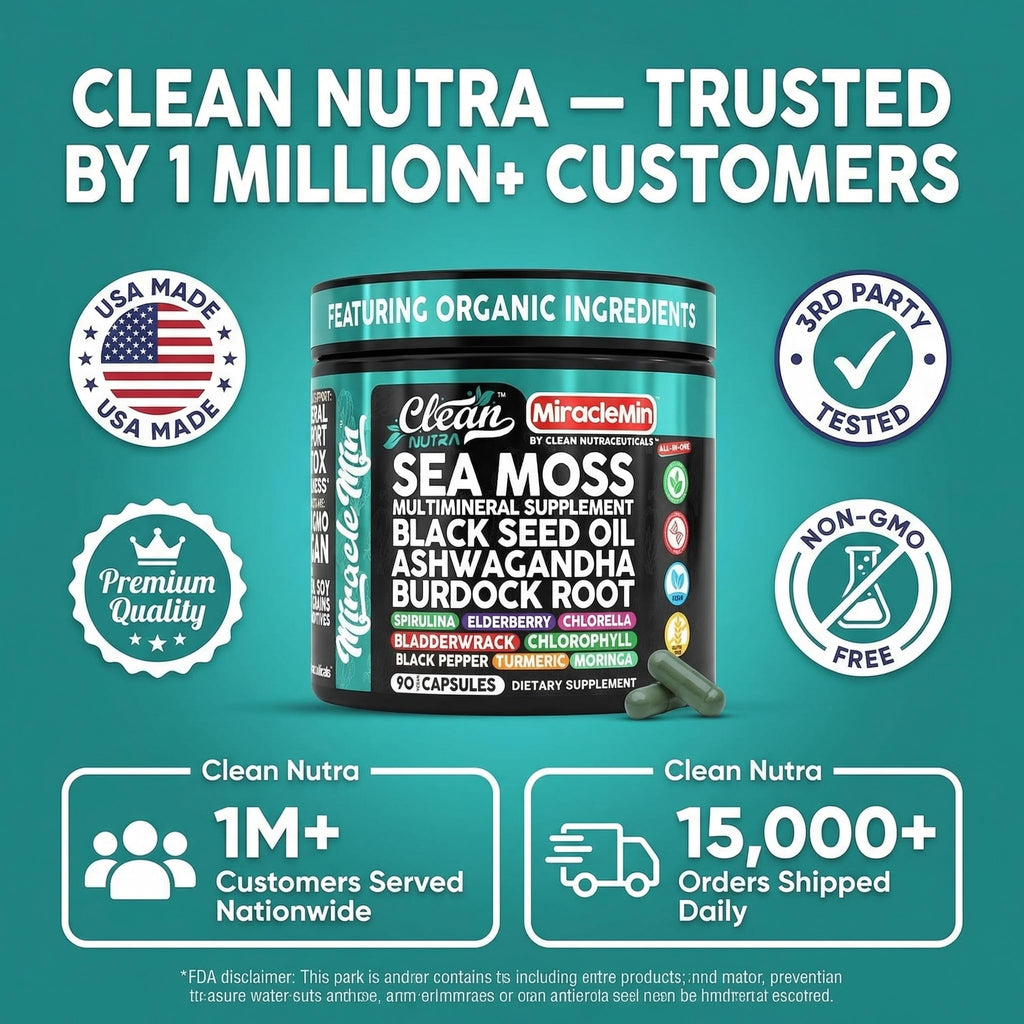 Clean Nutra Organic Sea Moss Capsules with Ashwagandha, Black Seed Oil, Burdock Root, Bladderwrack, Moringa, Chlorella, Spirulina, Turmeric, Elderberry, Amla – 90 Vegan Capsules – MiracleMin - TrustMedUSA