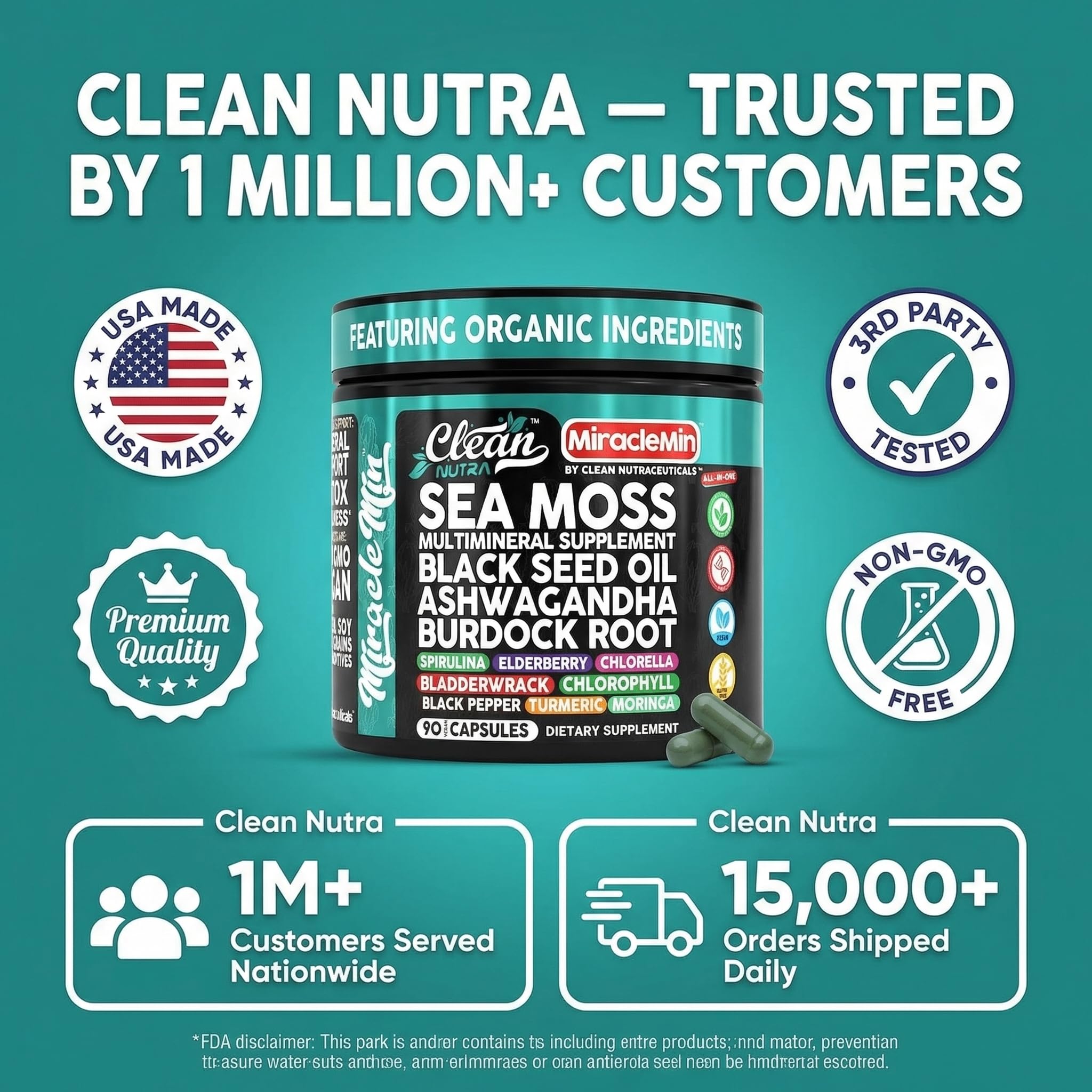 Clean Nutra Organic Sea Moss Capsules with Ashwagandha, Black Seed Oil, Burdock Root, Bladderwrack, Moringa, Chlorella, Spirulina, Turmeric, Elderberry, Amla – 90 Vegan Capsules – MiracleMin - TrustMedUSA