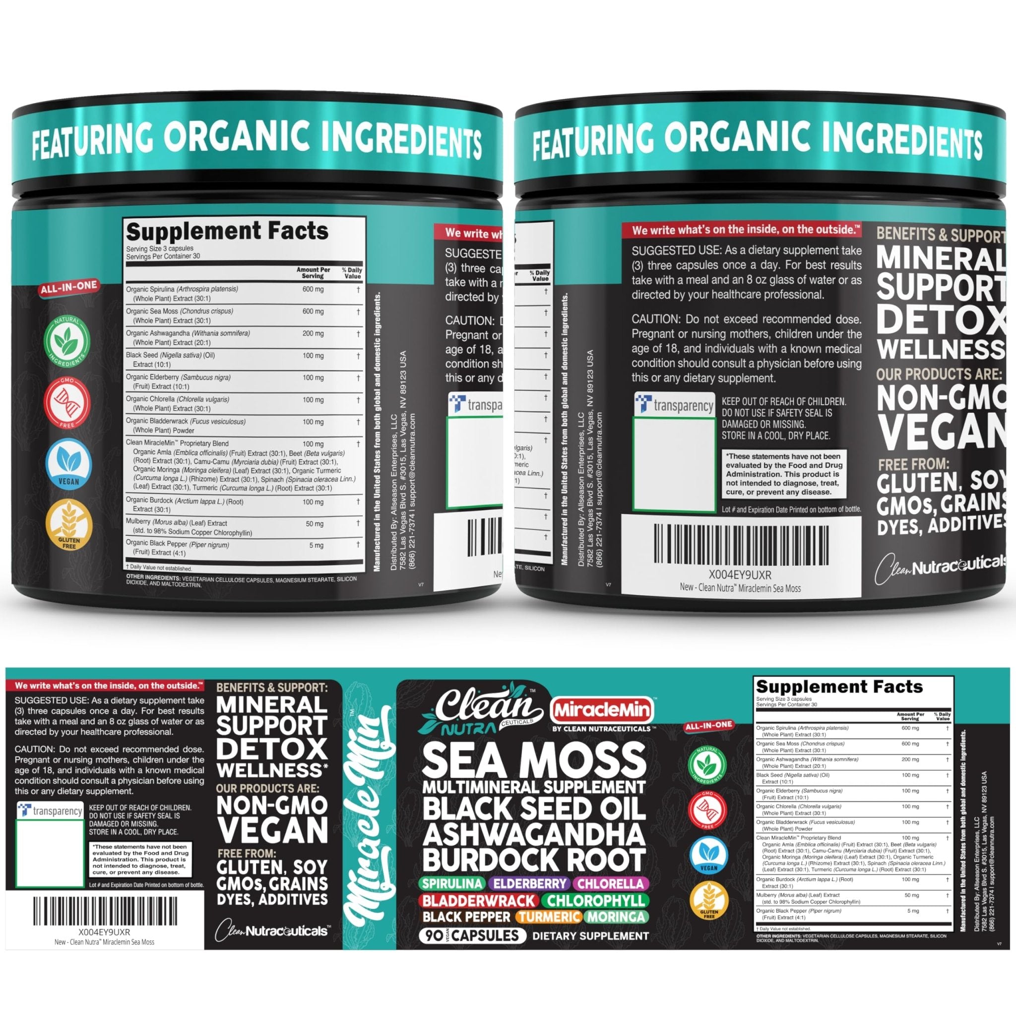 Clean Nutra Organic Sea Moss Capsules with Ashwagandha, Black Seed Oil, Burdock Root, Bladderwrack, Moringa, Chlorella, Spirulina, Turmeric, Elderberry, Amla – 90 Vegan Capsules – MiracleMin - TrustMedUSA
