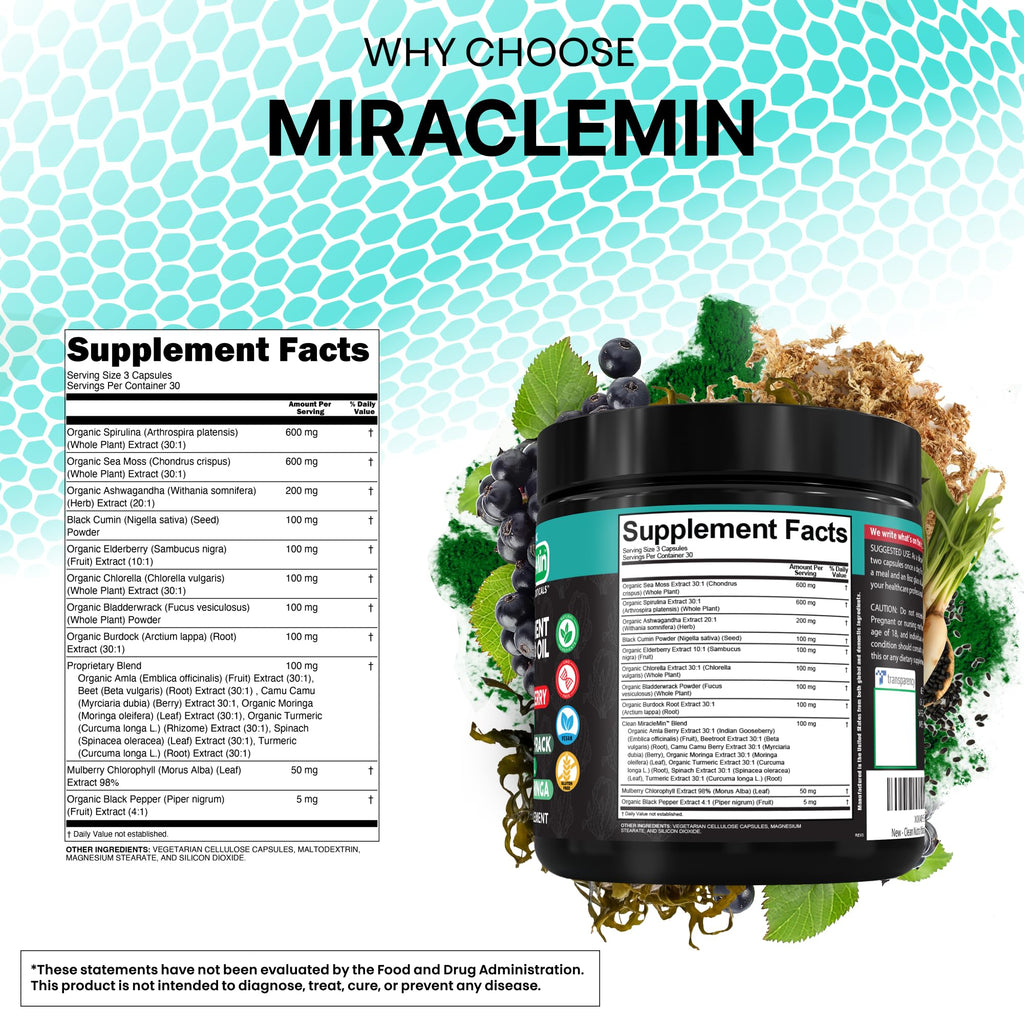 Clean Nutra Organic Sea Moss Capsules with Ashwagandha, Black Seed Oil, Burdock Root, Bladderwrack, Moringa, Chlorella, Spirulina, Turmeric, Elderberry, Amla – 90 Vegan Capsules – MiracleMin - TrustMedUSA