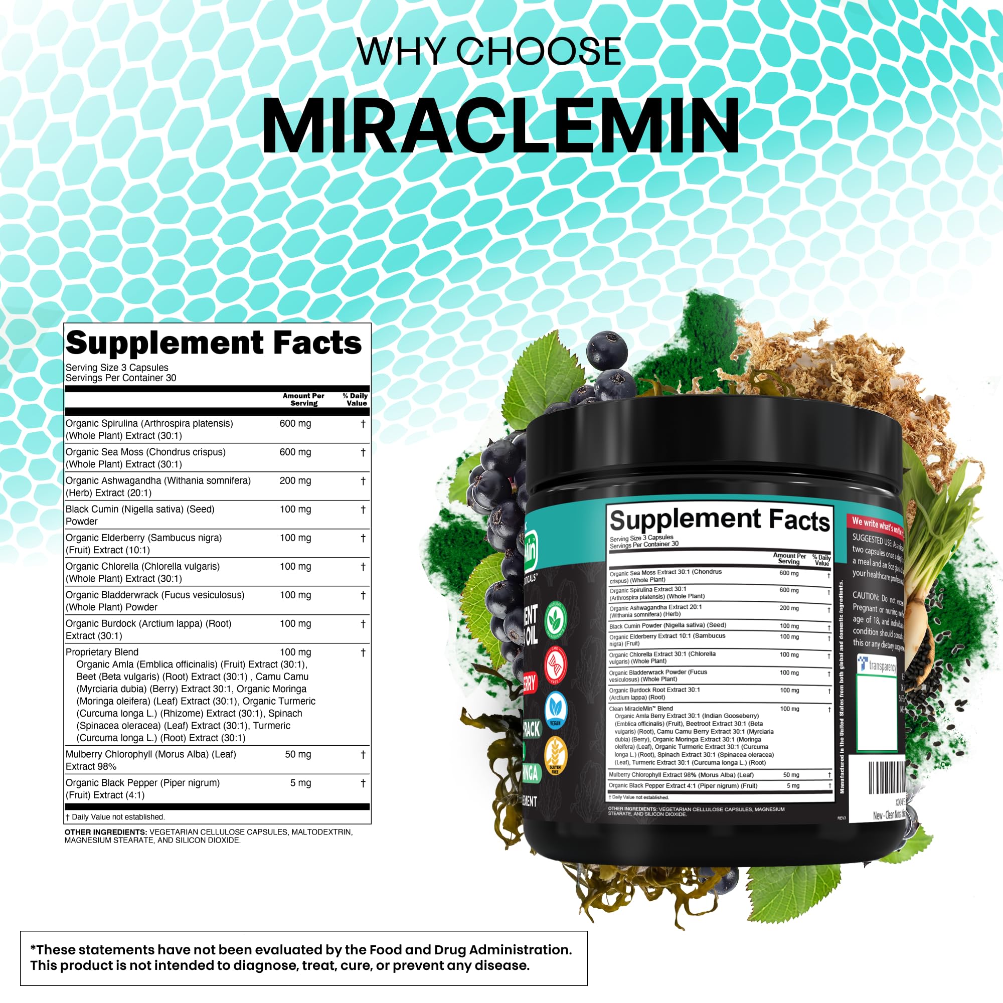 Clean Nutra Organic Sea Moss Capsules with Ashwagandha, Black Seed Oil, Burdock Root, Bladderwrack, Moringa, Chlorella, Spirulina, Turmeric, Elderberry, Amla – 90 Vegan Capsules – MiracleMin - TrustMedUSA
