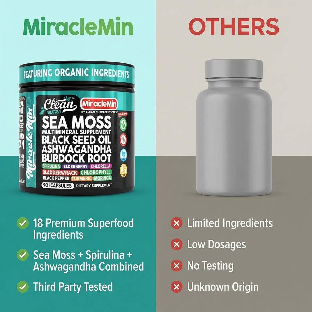 Clean Nutra Organic Sea Moss Capsules with Ashwagandha, Black Seed Oil, Burdock Root, Bladderwrack, Moringa, Chlorella, Spirulina, Turmeric, Elderberry, Amla – 90 Vegan Capsules – MiracleMin - TrustMedUSA