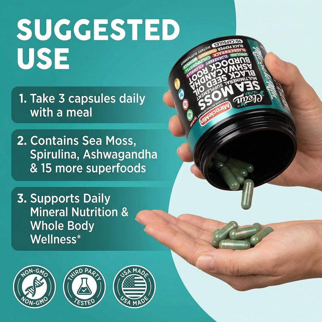 Clean Nutra Organic Sea Moss Capsules with Ashwagandha, Black Seed Oil, Burdock Root, Bladderwrack, Moringa, Chlorella, Spirulina, Turmeric, Elderberry, Amla – 90 Vegan Capsules – MiracleMin - TrustMedUSA