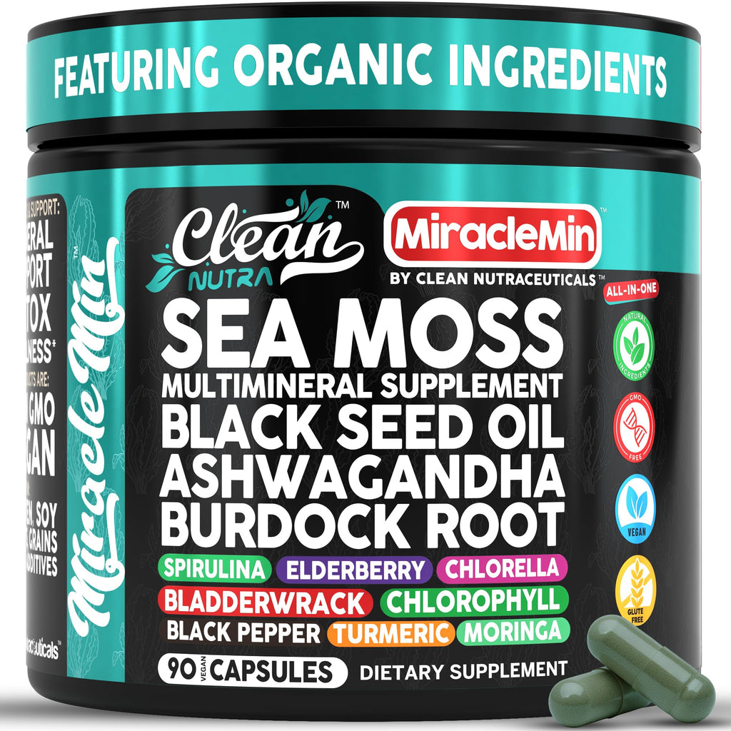 Clean Nutra Organic Sea Moss Capsules with Ashwagandha, Black Seed Oil, Burdock Root, Bladderwrack, Moringa, Chlorella, Spirulina, Turmeric, Elderberry, Amla – 90 Vegan Capsules – MiracleMin - TrustMedUSA