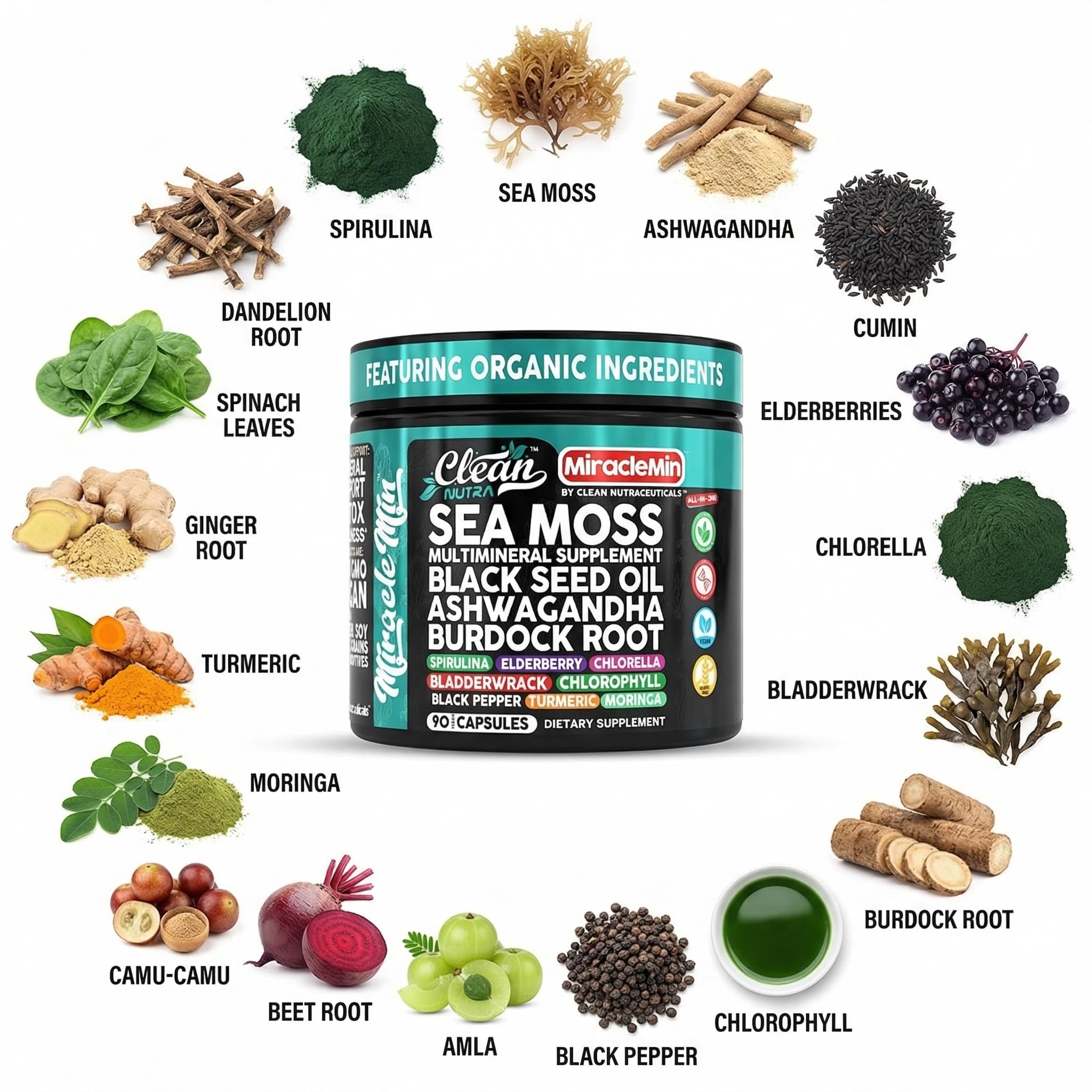 Clean Nutra Organic Sea Moss Capsules with Ashwagandha, Black Seed Oil, Burdock Root, Bladderwrack, Moringa, Chlorella, Spirulina, Turmeric, Elderberry, Amla – 90 Vegan Capsules – MiracleMin - TrustMedUSA