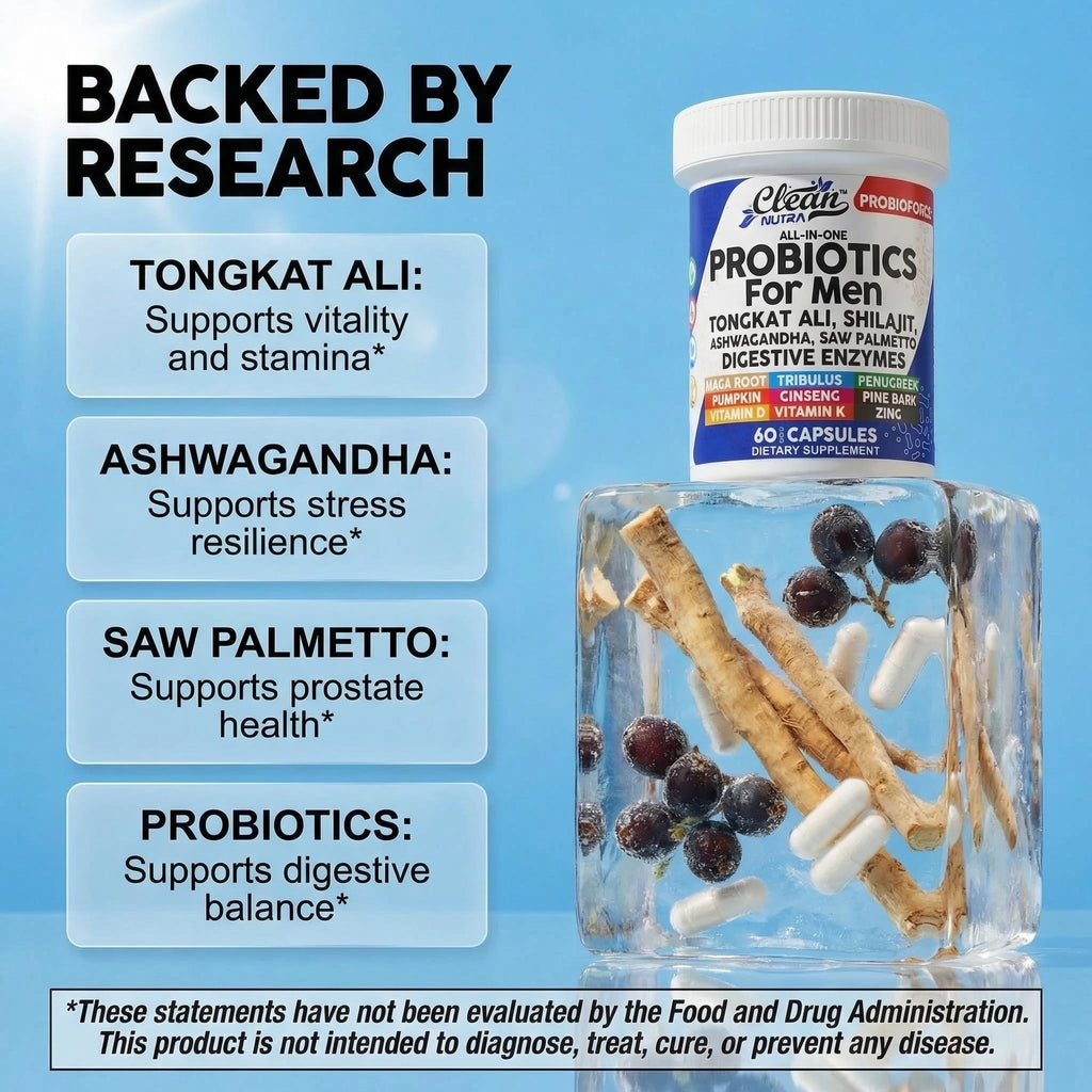 Clean Nutra Probiotics for Men | Tongkat Ali, Saw Palmetto, Tribulus, Ginseng, Ashwagandha, Maca, Pumpkin, Gingko Biloba, Pine Bark, Fenugreek, Shilajit, Zinc - Mens Probiotic 60 Capsules - TrustMedUSA