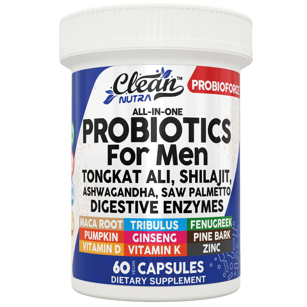 Clean Nutra Probiotics for Men | Tongkat Ali, Saw Palmetto, Tribulus, Ginseng, Ashwagandha, Maca, Pumpkin, Gingko Biloba, Pine Bark, Fenugreek, Shilajit, Zinc - Mens Probiotic 60 Capsules - TrustMedUSA
