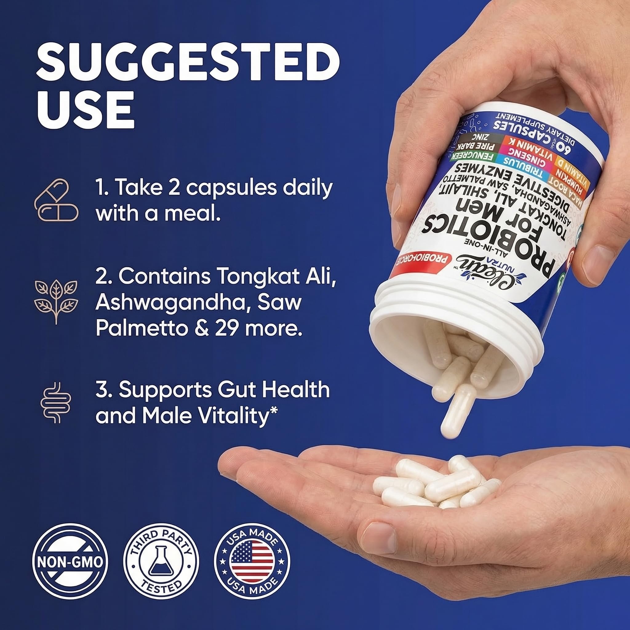 Clean Nutra Probiotics for Men | Tongkat Ali, Saw Palmetto, Tribulus, Ginseng, Ashwagandha, Maca, Pumpkin, Gingko Biloba, Pine Bark, Fenugreek, Shilajit, Zinc - Mens Probiotic 60 Capsules - TrustMedUSA