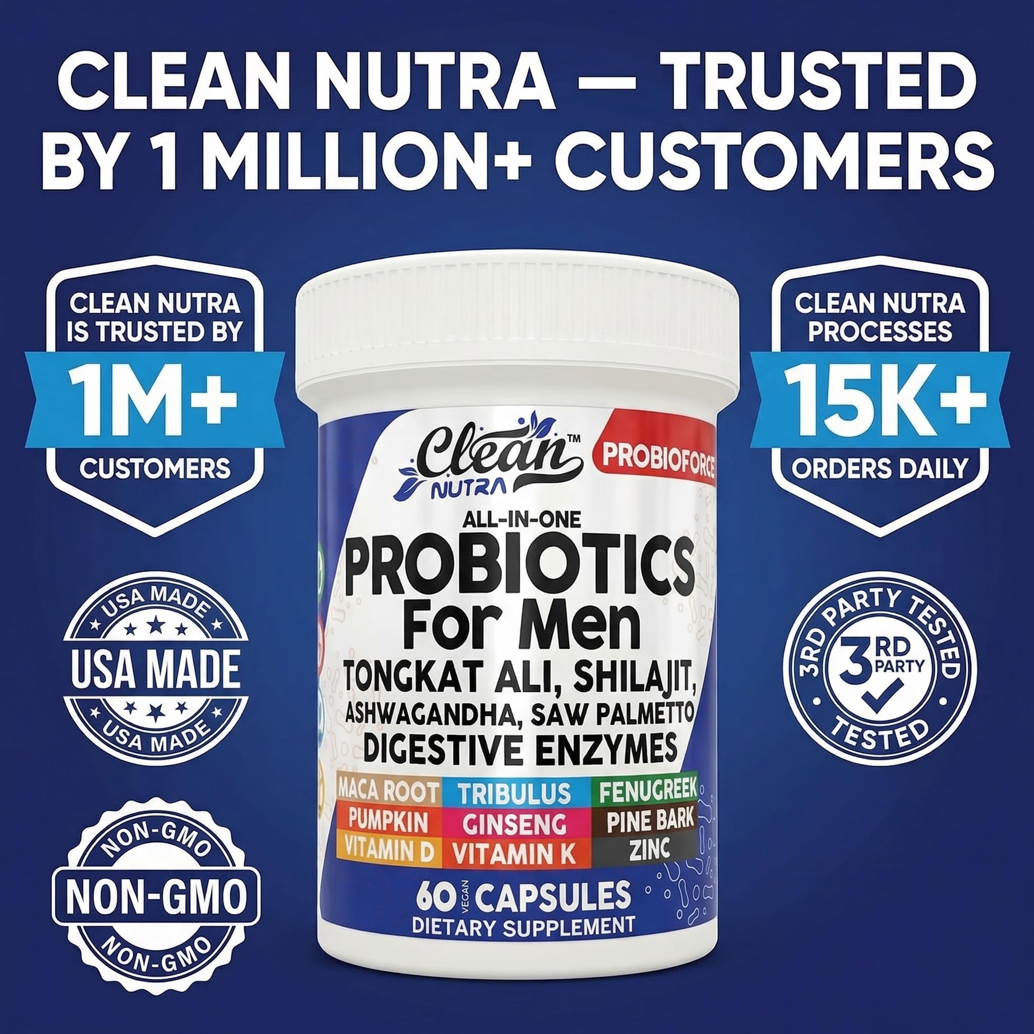 Clean Nutra Probiotics for Men | Tongkat Ali, Saw Palmetto, Tribulus, Ginseng, Ashwagandha, Maca, Pumpkin, Gingko Biloba, Pine Bark, Fenugreek, Shilajit, Zinc - Mens Probiotic 60 Capsules - TrustMedUSA