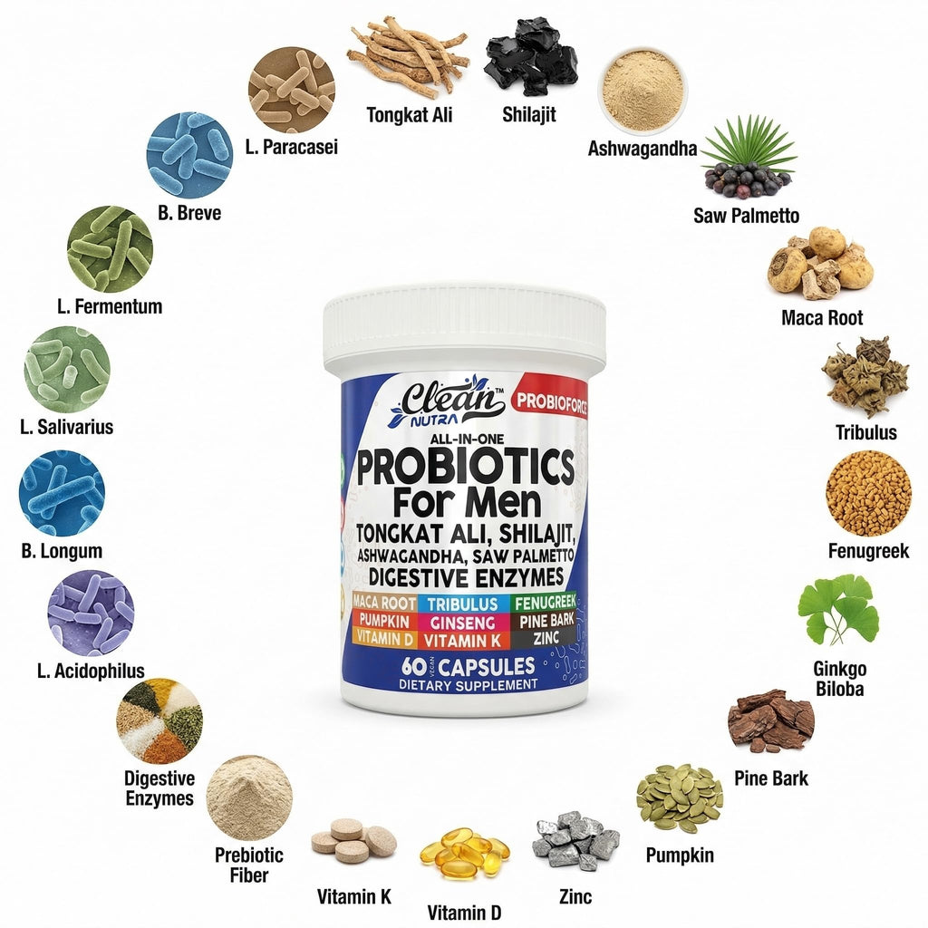 Clean Nutra Probiotics for Men | Tongkat Ali, Saw Palmetto, Tribulus, Ginseng, Ashwagandha, Maca, Pumpkin, Gingko Biloba, Pine Bark, Fenugreek, Shilajit, Zinc - Mens Probiotic 60 Capsules - TrustMedUSA