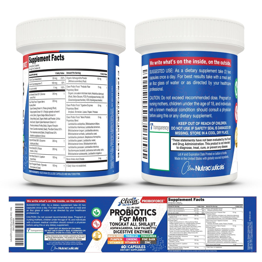 Clean Nutra Probiotics for Men | Tongkat Ali, Saw Palmetto, Tribulus, Ginseng, Ashwagandha, Maca, Pumpkin, Gingko Biloba, Pine Bark, Fenugreek, Shilajit, Zinc - Mens Probiotic 60 Capsules - TrustMedUSA