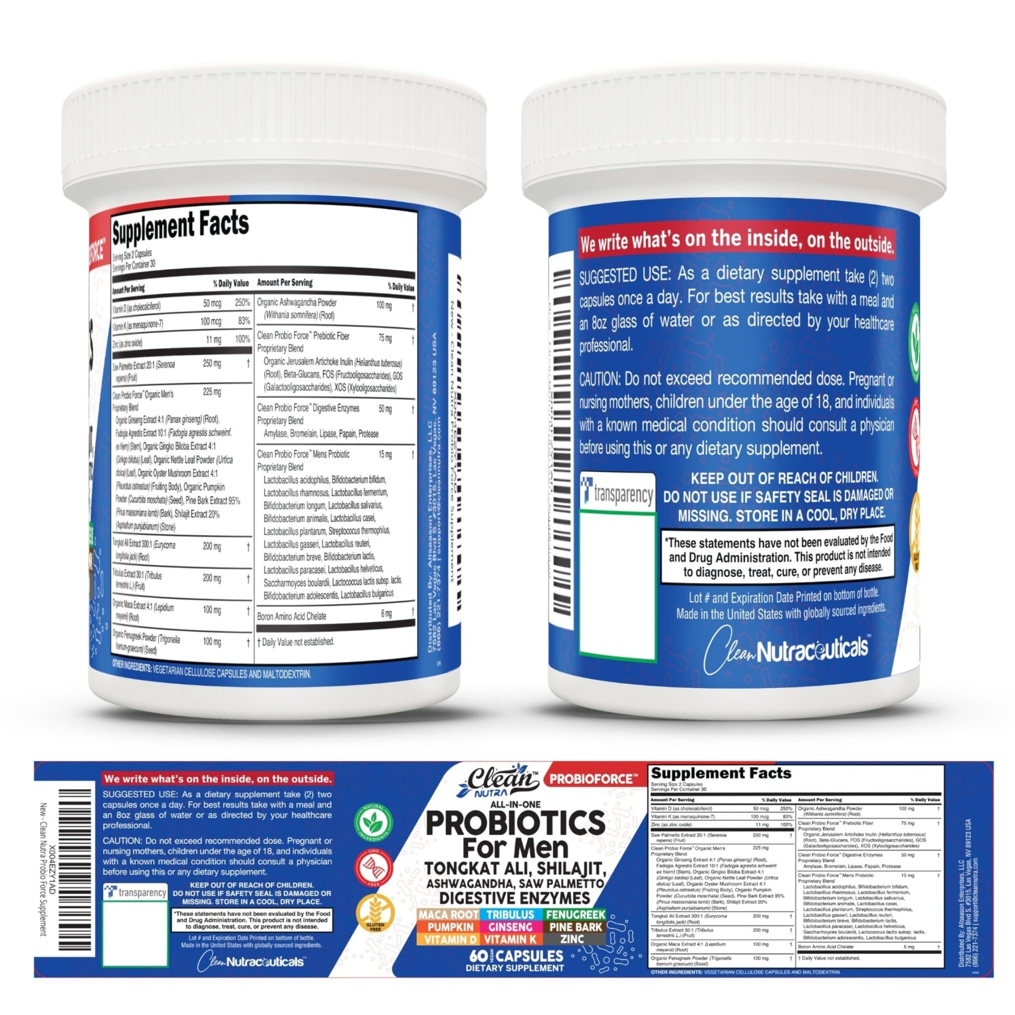 Clean Nutra Probiotics for Men | Tongkat Ali, Saw Palmetto, Tribulus, Ginseng, Ashwagandha, Maca, Pumpkin, Gingko Biloba, Pine Bark, Fenugreek, Shilajit, Zinc - Mens Probiotic 60 Capsules - TrustMedUSA