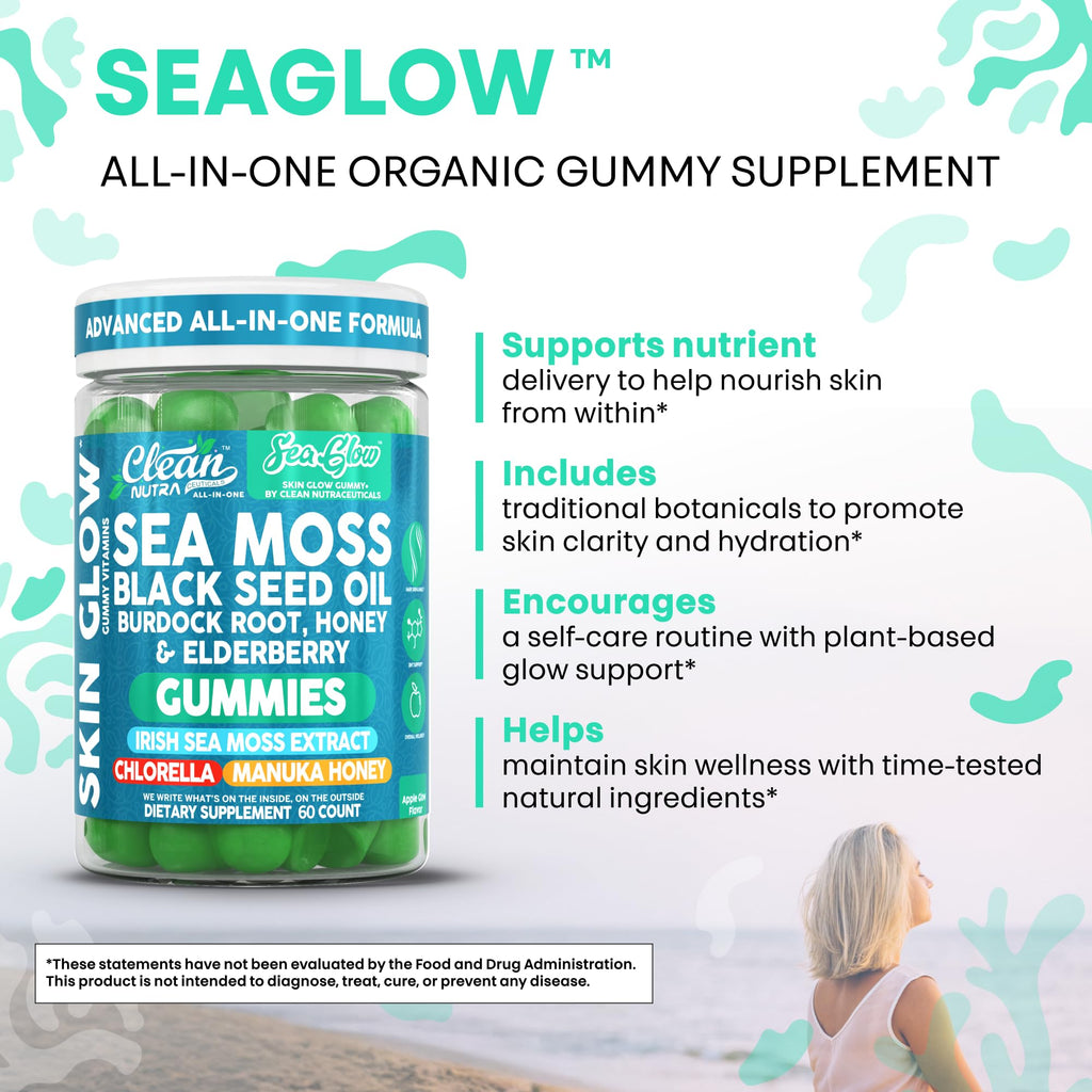 Clean Nutra Sea Moss Gummies Black Seed Oil Chlorella Ashwagandha Root Hair Growth Skin Glow Irish Sea Moss Elderberry Burdock Manuka Honey Trace Minerals Detox 60 Gummy Vitamins Sea Glow Supplement - TrustMedUSA