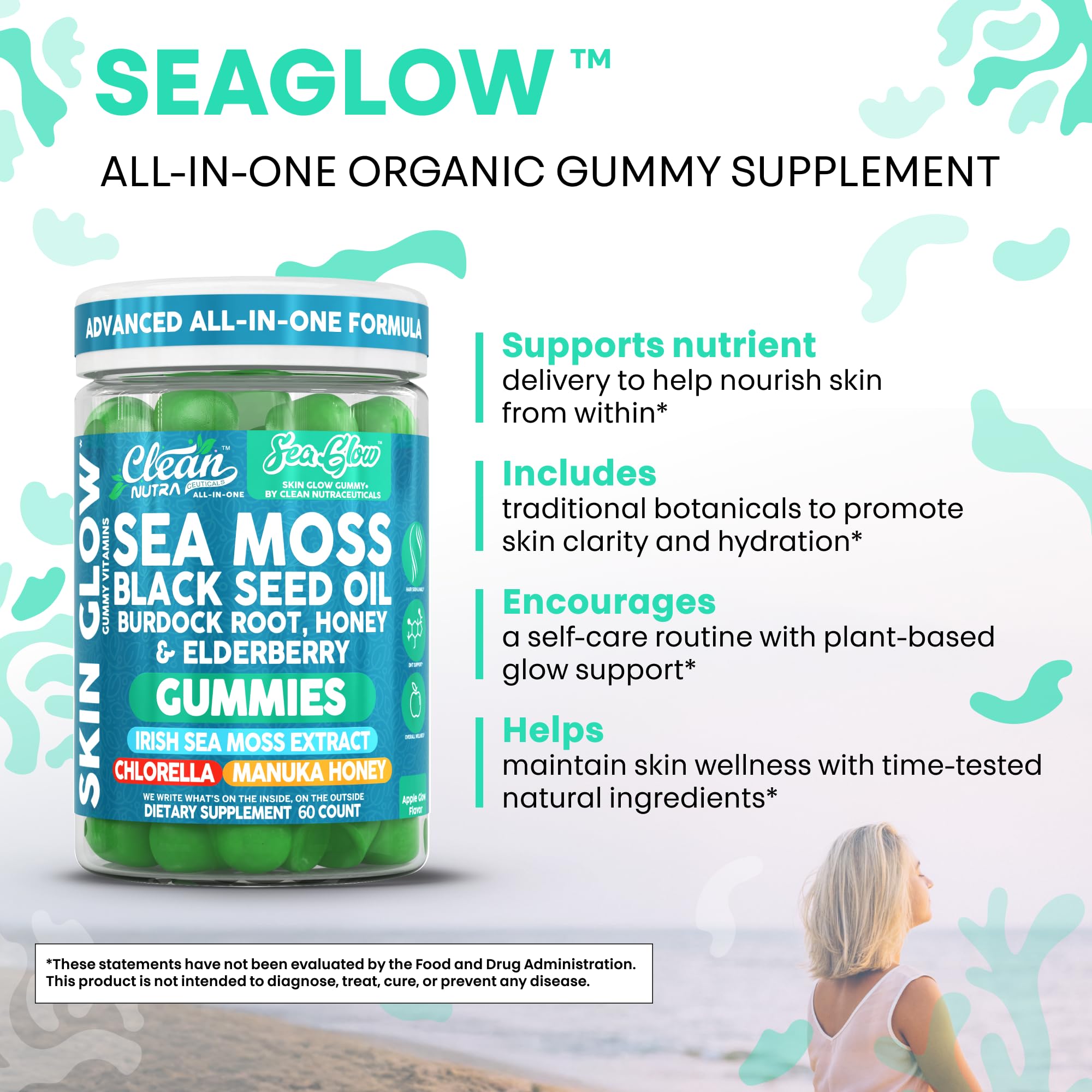 Clean Nutra Sea Moss Gummies Black Seed Oil Chlorella Ashwagandha Root Hair Growth Skin Glow Irish Sea Moss Elderberry Burdock Manuka Honey Trace Minerals Detox 60 Gummy Vitamins Sea Glow Supplement - TrustMedUSA