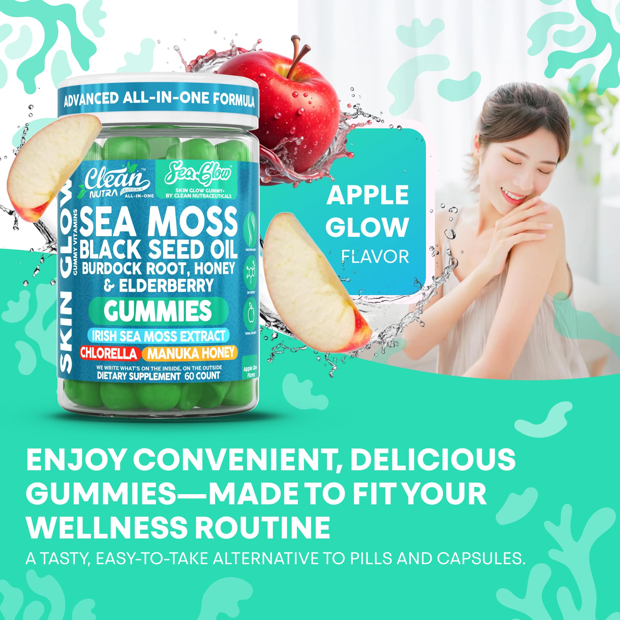Clean Nutra Sea Moss Gummies Black Seed Oil Chlorella Ashwagandha Root Hair Growth Skin Glow Irish Sea Moss Elderberry Burdock Manuka Honey Trace Minerals Detox 60 Gummy Vitamins Sea Glow Supplement - TrustMedUSA