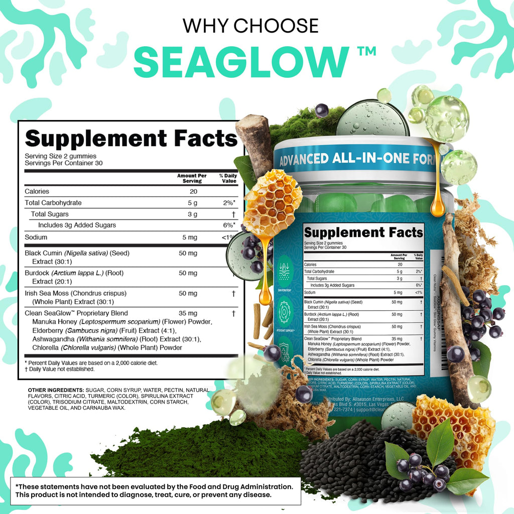 Clean Nutra Sea Moss Gummies Black Seed Oil Chlorella Ashwagandha Root Hair Growth Skin Glow Irish Sea Moss Elderberry Burdock Manuka Honey Trace Minerals Detox 60 Gummy Vitamins Sea Glow Supplement - TrustMedUSA