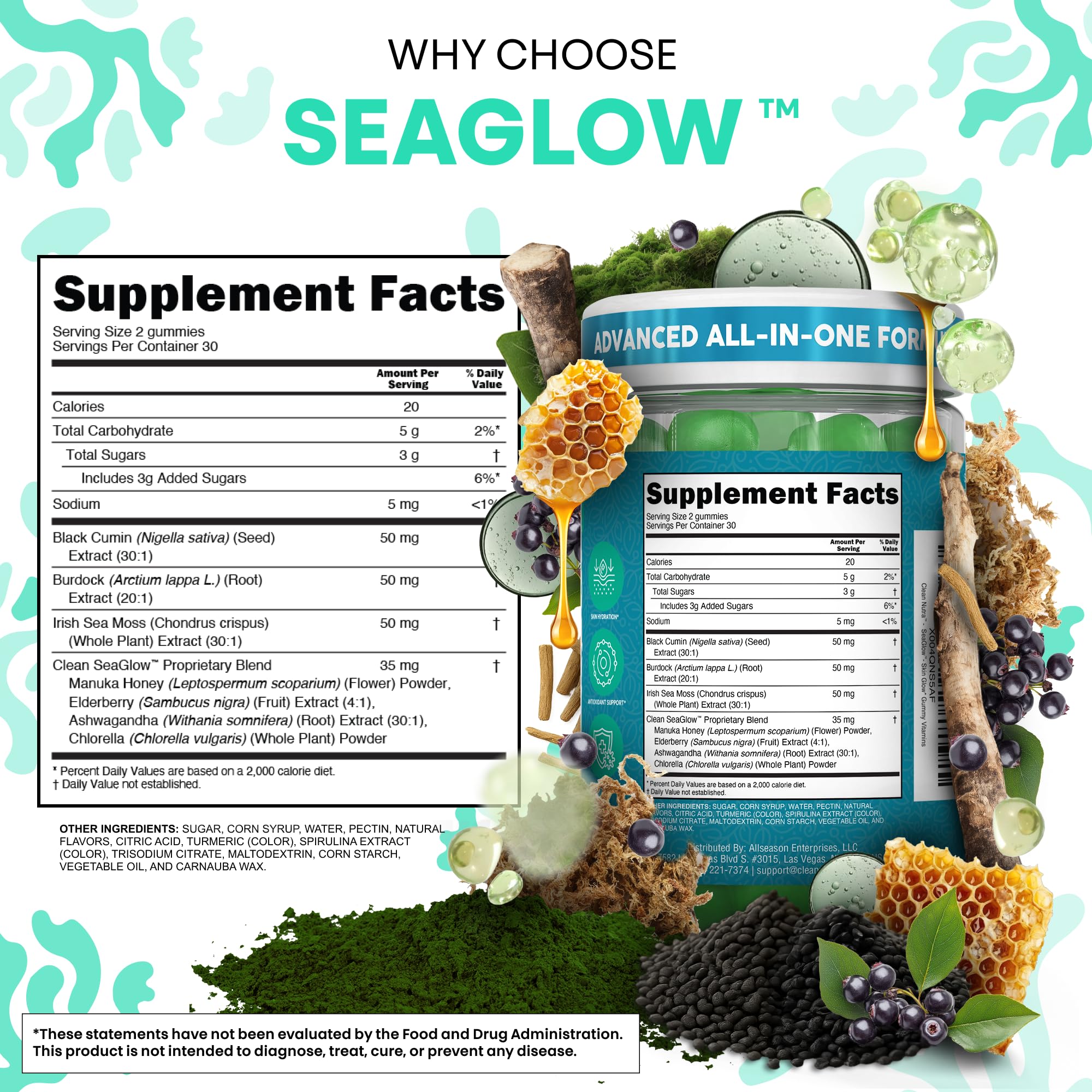 Clean Nutra Sea Moss Gummies Black Seed Oil Chlorella Ashwagandha Root Hair Growth Skin Glow Irish Sea Moss Elderberry Burdock Manuka Honey Trace Minerals Detox 60 Gummy Vitamins Sea Glow Supplement - TrustMedUSA