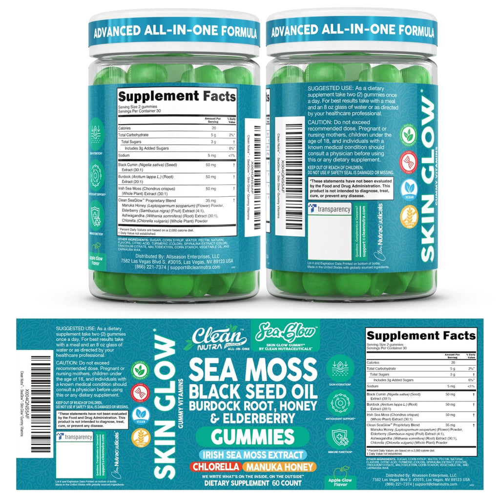 Clean Nutra Sea Moss Gummies Black Seed Oil Chlorella Ashwagandha Root Hair Growth Skin Glow Irish Sea Moss Elderberry Burdock Manuka Honey Trace Minerals Detox 60 Gummy Vitamins Sea Glow Supplement - TrustMedUSA