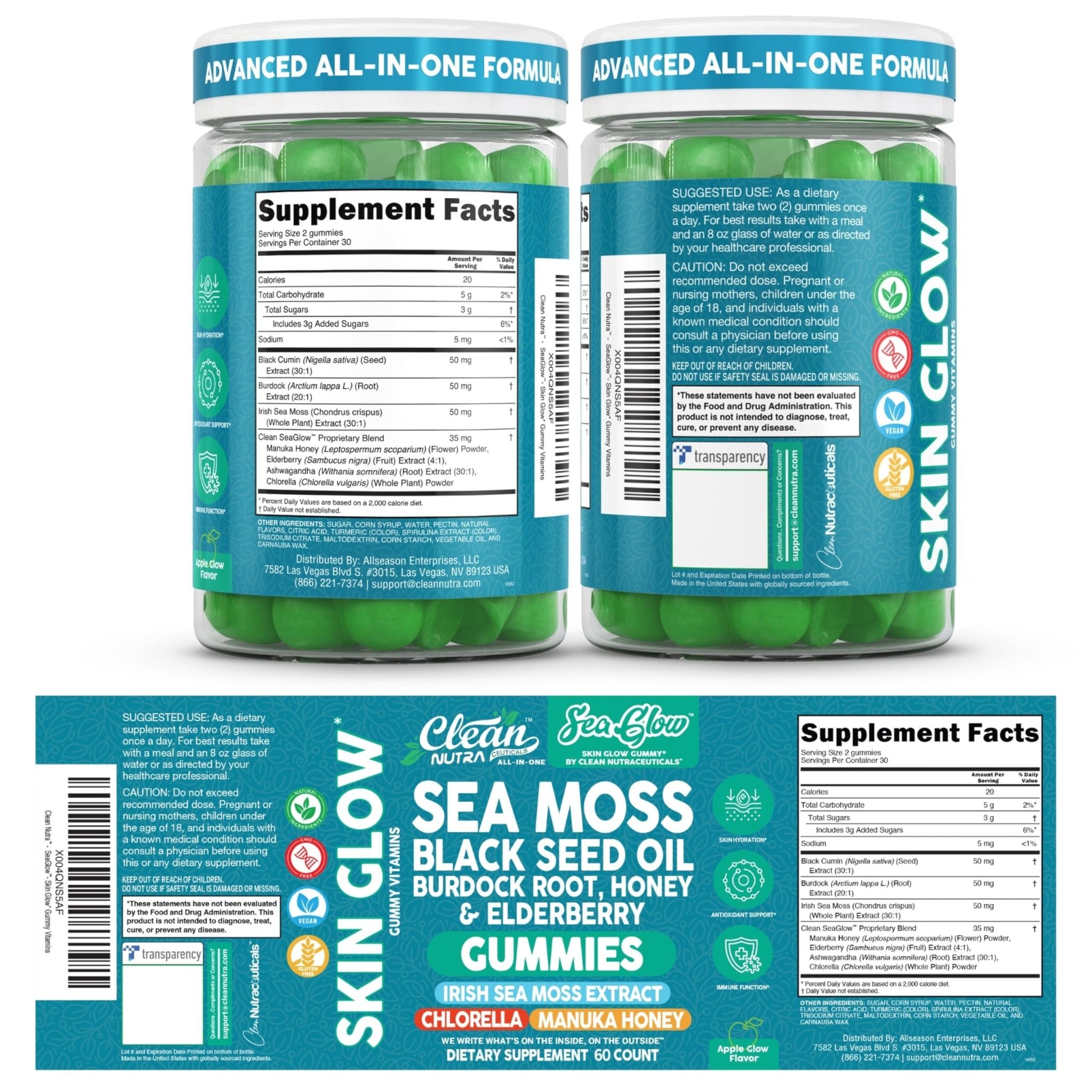 Clean Nutra Sea Moss Gummies Black Seed Oil Chlorella Ashwagandha Root Hair Growth Skin Glow Irish Sea Moss Elderberry Burdock Manuka Honey Trace Minerals Detox 60 Gummy Vitamins Sea Glow Supplement - TrustMedUSA