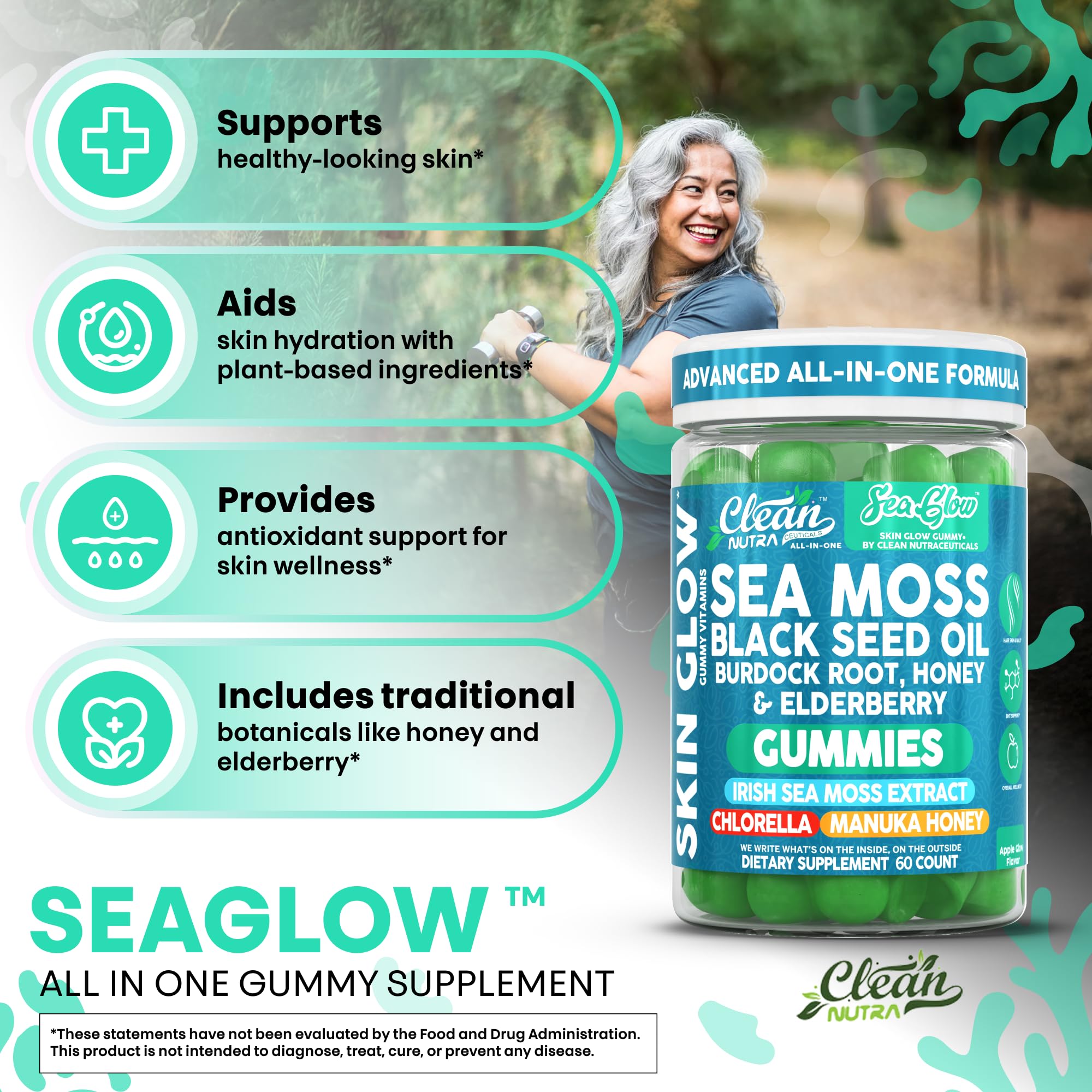 Clean Nutra Sea Moss Gummies Black Seed Oil Chlorella Ashwagandha Root Hair Growth Skin Glow Irish Sea Moss Elderberry Burdock Manuka Honey Trace Minerals Detox 60 Gummy Vitamins Sea Glow Supplement - TrustMedUSA