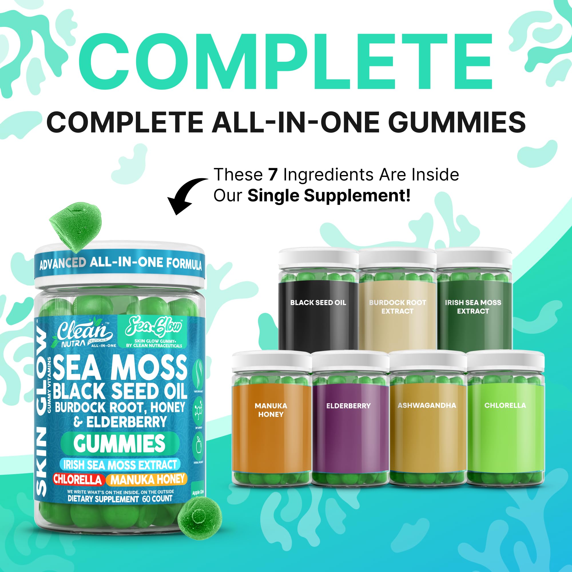 Clean Nutra Sea Moss Gummies Black Seed Oil Chlorella Ashwagandha Root Hair Growth Skin Glow Irish Sea Moss Elderberry Burdock Manuka Honey Trace Minerals Detox 60 Gummy Vitamins Sea Glow Supplement - TrustMedUSA