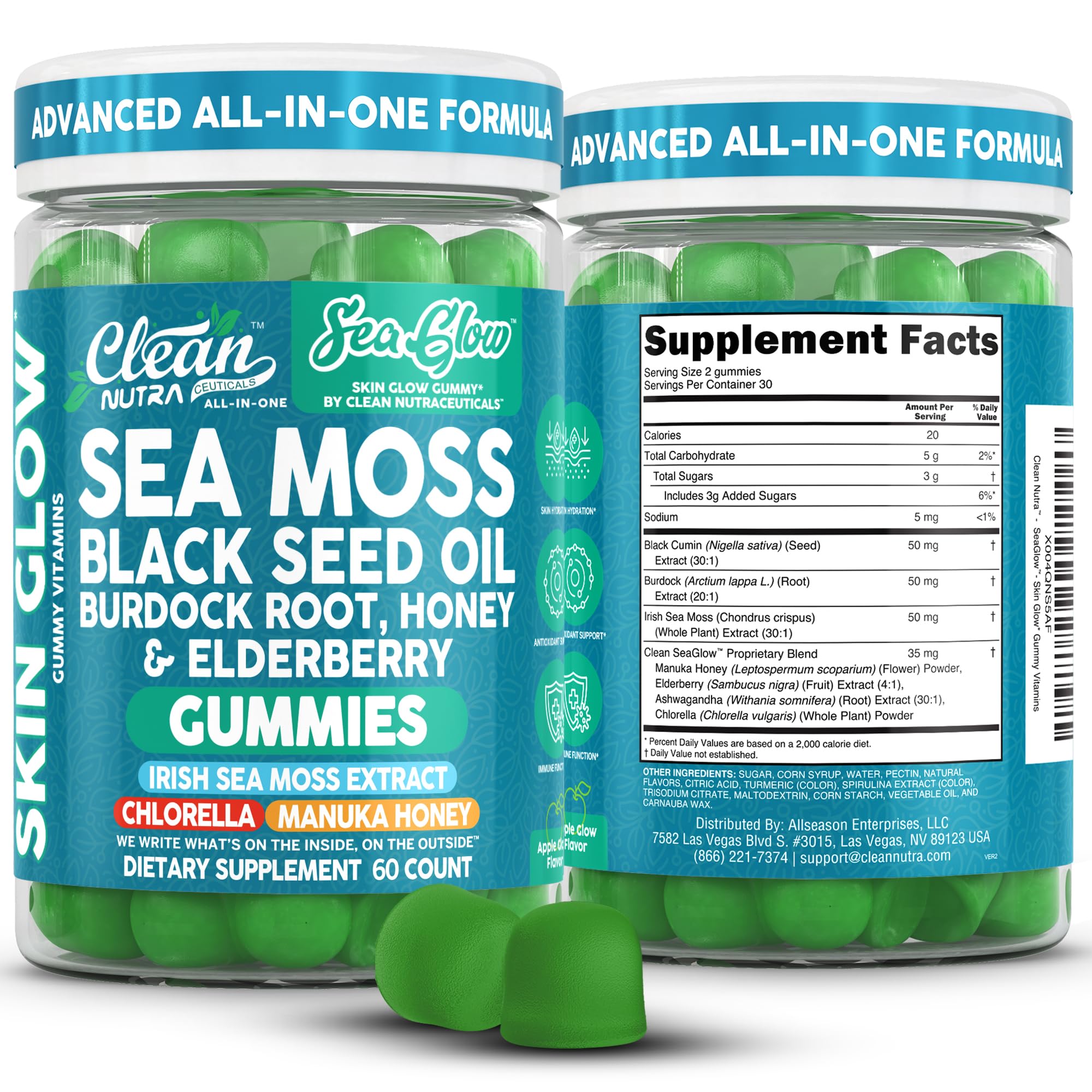 Clean Nutra Sea Moss Gummies Black Seed Oil Chlorella Ashwagandha Root Hair Growth Skin Glow Irish Sea Moss Elderberry Burdock Manuka Honey Trace Minerals Detox 60 Gummy Vitamins Sea Glow Supplement - TrustMedUSA