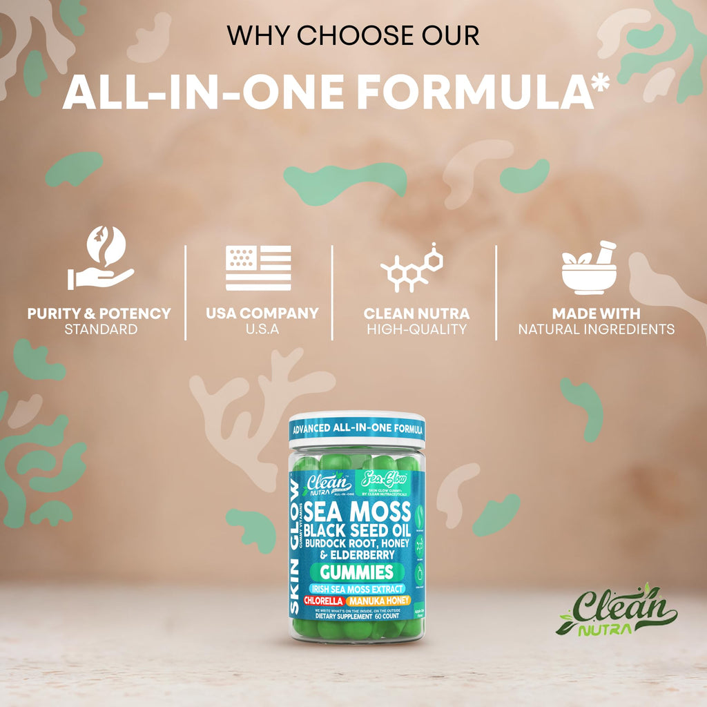 Clean Nutra Sea Moss Gummies Black Seed Oil Chlorella Ashwagandha Root Hair Growth Skin Glow Irish Sea Moss Elderberry Burdock Manuka Honey Trace Minerals Detox 60 Gummy Vitamins Sea Glow Supplement - TrustMedUSA