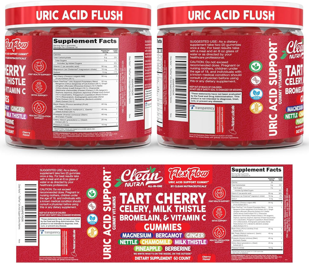 Clean Nutra Tart Cherry Gummies Uric Acid Flush Celery Milk Thistle Bromelain Vitamin C Magnesium Citrus Bergamot Ginger Stinging Nettle Leaf Chamomile Berberine Quercetin Support 60 Gummy Vitamins - TrustMedUSA