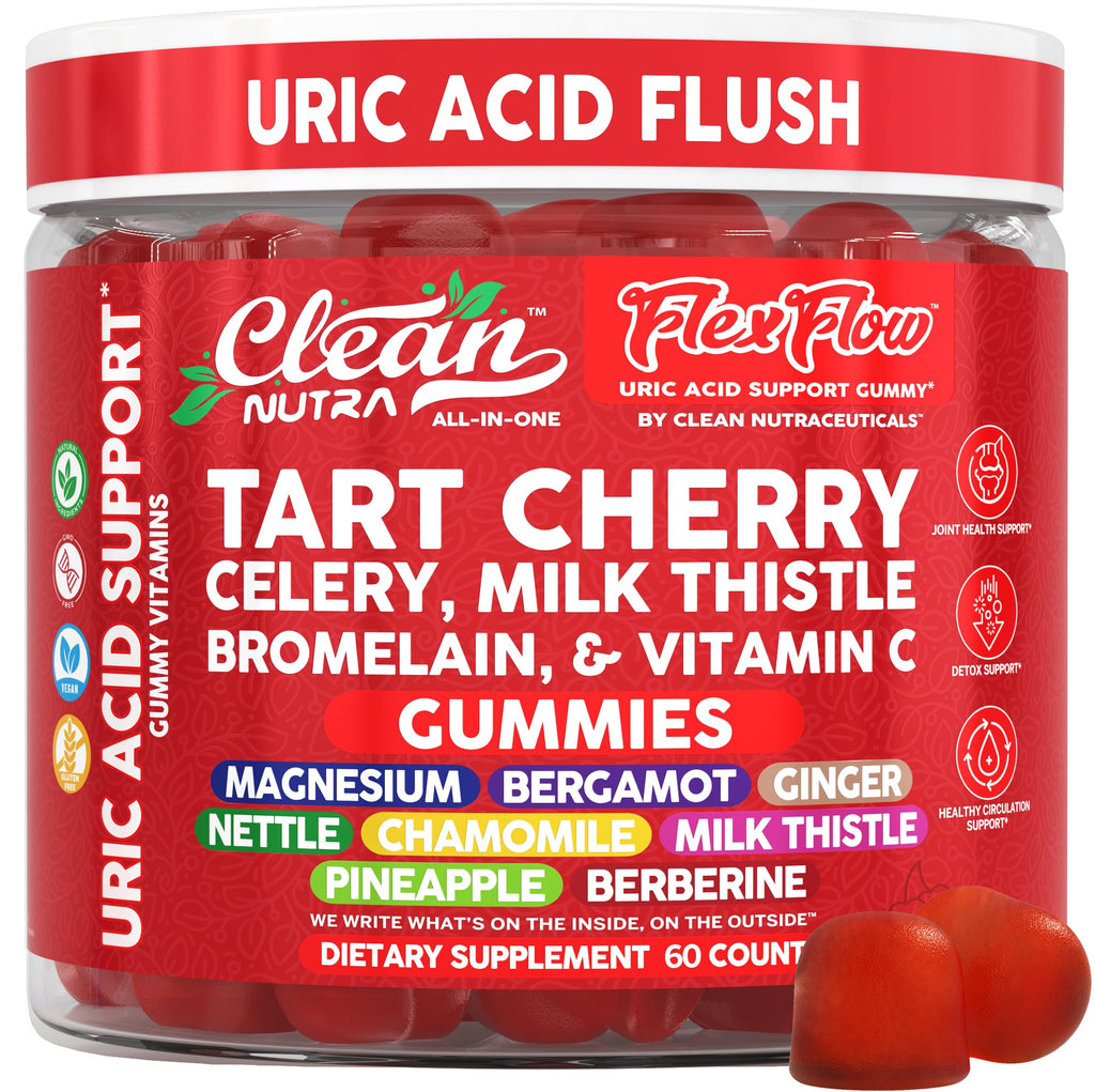 Clean Nutra Tart Cherry Gummies Uric Acid Flush Celery Milk Thistle Bromelain Vitamin C Magnesium Citrus Bergamot Ginger Stinging Nettle Leaf Chamomile Berberine Quercetin Support 60 Gummy Vitamins - TrustMedUSA