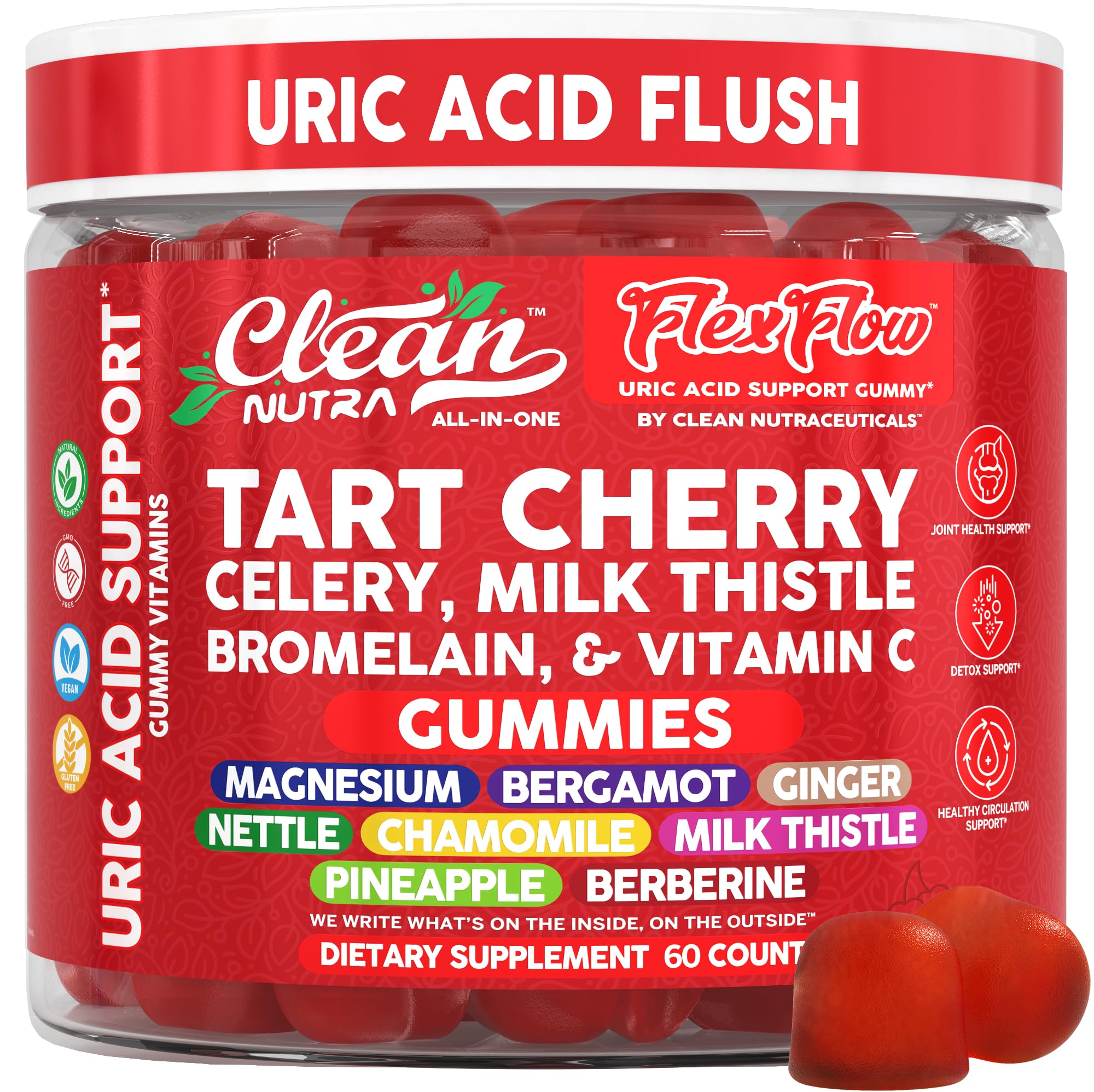 Clean Nutra Tart Cherry Gummies Uric Acid Flush Celery Milk Thistle Bromelain Vitamin C Magnesium Citrus Bergamot Ginger Stinging Nettle Leaf Chamomile Berberine Quercetin Support 60 Gummy Vitamins - TrustMedUSA