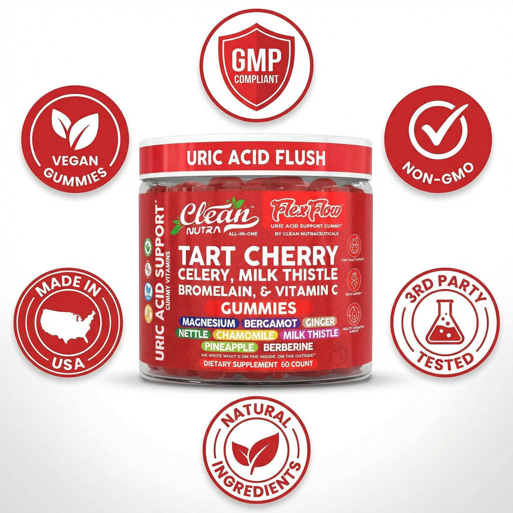 Clean Nutra Tart Cherry Gummies Uric Acid Flush Celery Milk Thistle Bromelain Vitamin C Magnesium Citrus Bergamot Ginger Stinging Nettle Leaf Chamomile Berberine Quercetin Support 60 Gummy Vitamins - TrustMedUSA