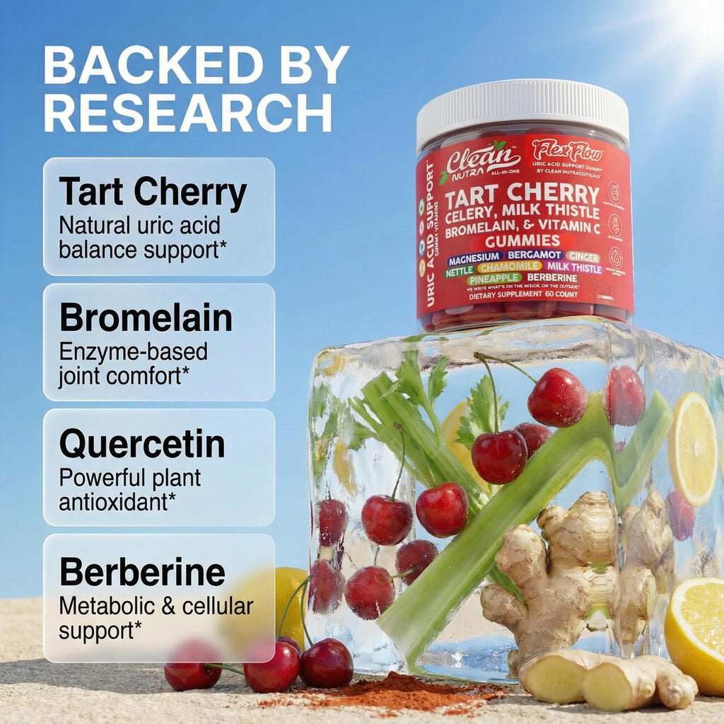 Clean Nutra Tart Cherry Gummies Uric Acid Flush Celery Milk Thistle Bromelain Vitamin C Magnesium Citrus Bergamot Ginger Stinging Nettle Leaf Chamomile Berberine Quercetin Support 60 Gummy Vitamins - TrustMedUSA
