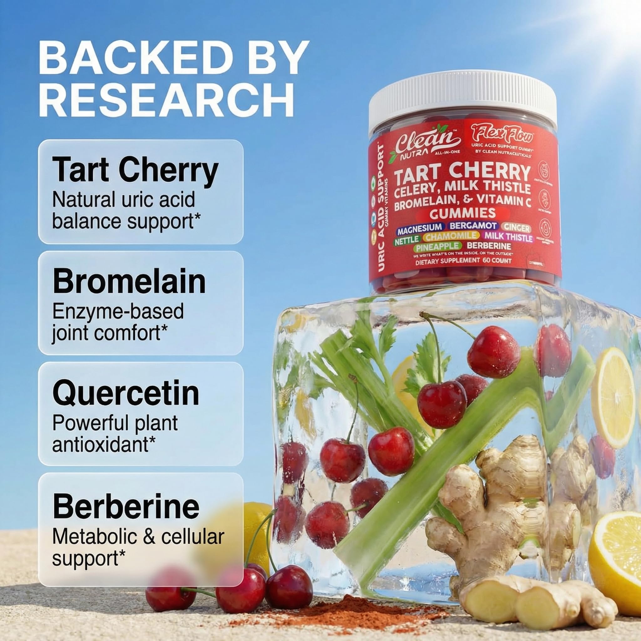 Clean Nutra Tart Cherry Gummies Uric Acid Flush Celery Milk Thistle Bromelain Vitamin C Magnesium Citrus Bergamot Ginger Stinging Nettle Leaf Chamomile Berberine Quercetin Support 60 Gummy Vitamins - TrustMedUSA