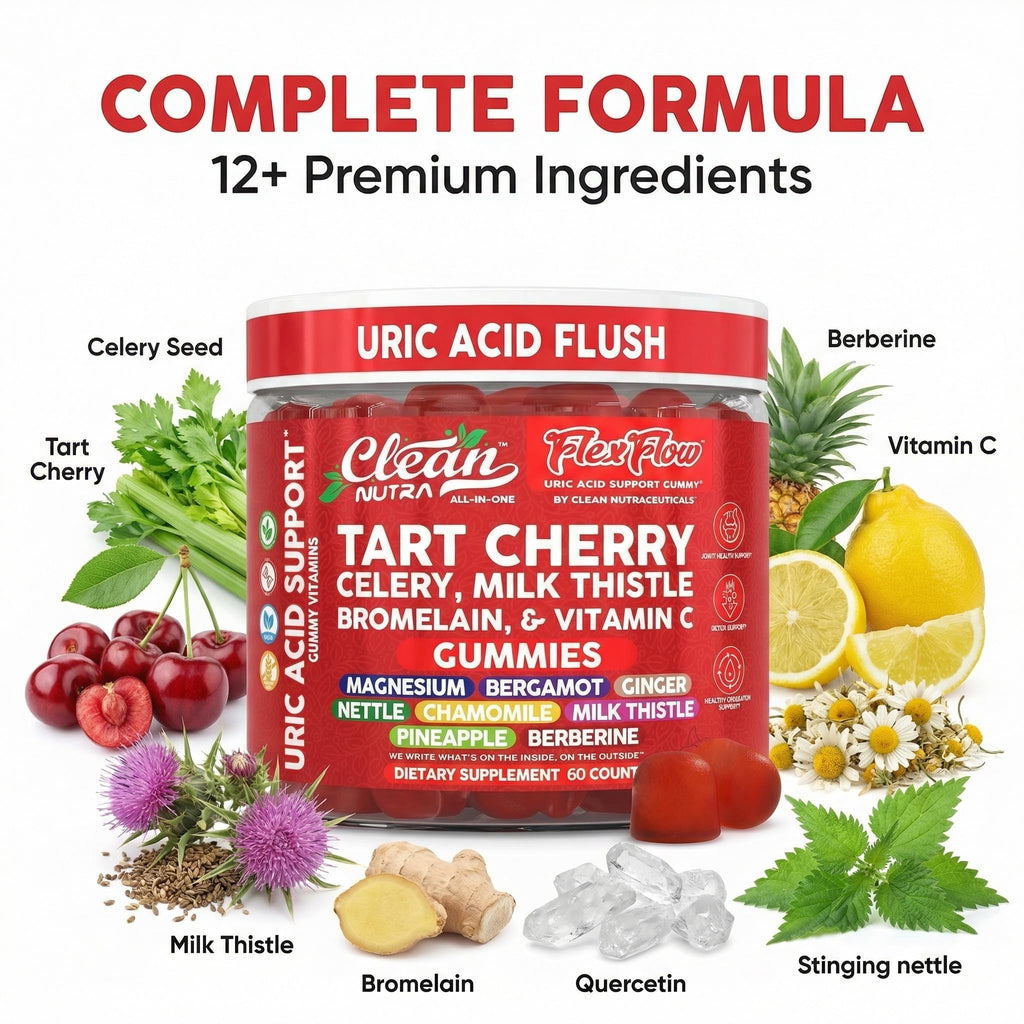 Clean Nutra Tart Cherry Gummies Uric Acid Flush Celery Milk Thistle Bromelain Vitamin C Magnesium Citrus Bergamot Ginger Stinging Nettle Leaf Chamomile Berberine Quercetin Support 60 Gummy Vitamins - TrustMedUSA