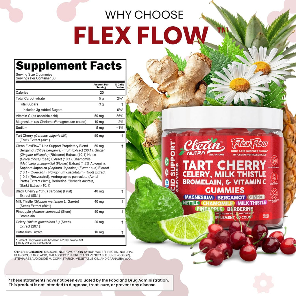 Clean Nutra Tart Cherry Gummies Uric Acid Flush Celery Milk Thistle Bromelain Vitamin C Magnesium Citrus Bergamot Ginger Stinging Nettle Leaf Chamomile Berberine Quercetin Support 60 Gummy Vitamins - TrustMedUSA