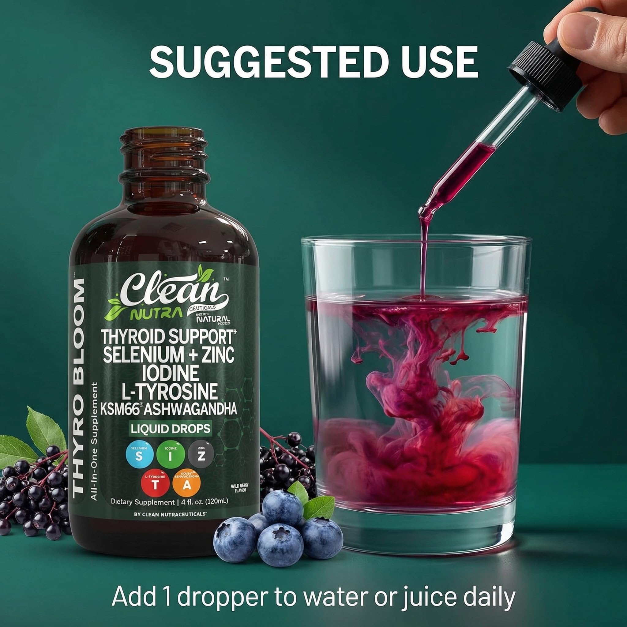 Clean Nutra Thyroid Support Drops Selenium Zinc Iodine L Tyrosine KSM66 Ashwagandha Vitamin D3 B12 A C Turmeric Kelp Schisandra Guggul Cayenne Basil Liquid Supplement Folate Copper Thyro Bloom Drop - TrustMedUSA