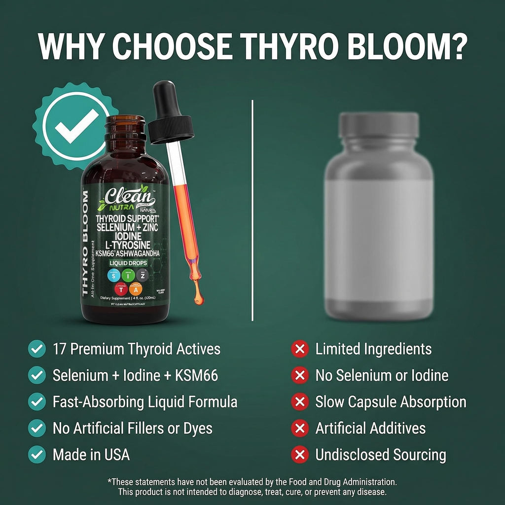 Clean Nutra Thyroid Support Drops Selenium Zinc Iodine L Tyrosine KSM66 Ashwagandha Vitamin D3 B12 A C Turmeric Kelp Schisandra Guggul Cayenne Basil Liquid Supplement Folate Copper Thyro Bloom Drop - TrustMedUSA